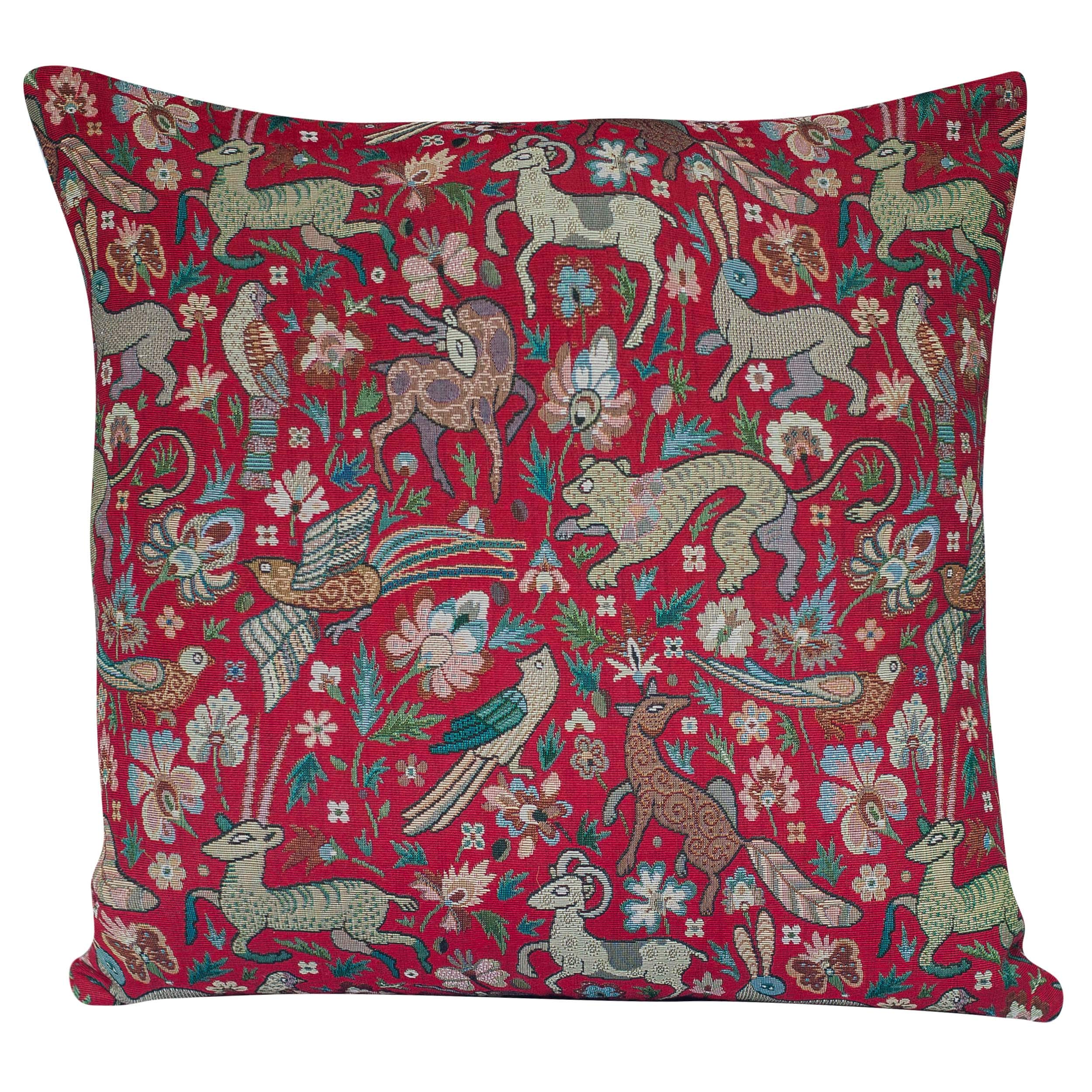 Linen Loft Red Mythical Animals Heavyweight Tapestry Double Sided Xl Cushion Cover. 23" Square Pillow Cover. Bright With Multicolou Beasts. Morris Style Design. Turkish Kilim Style Fabric.