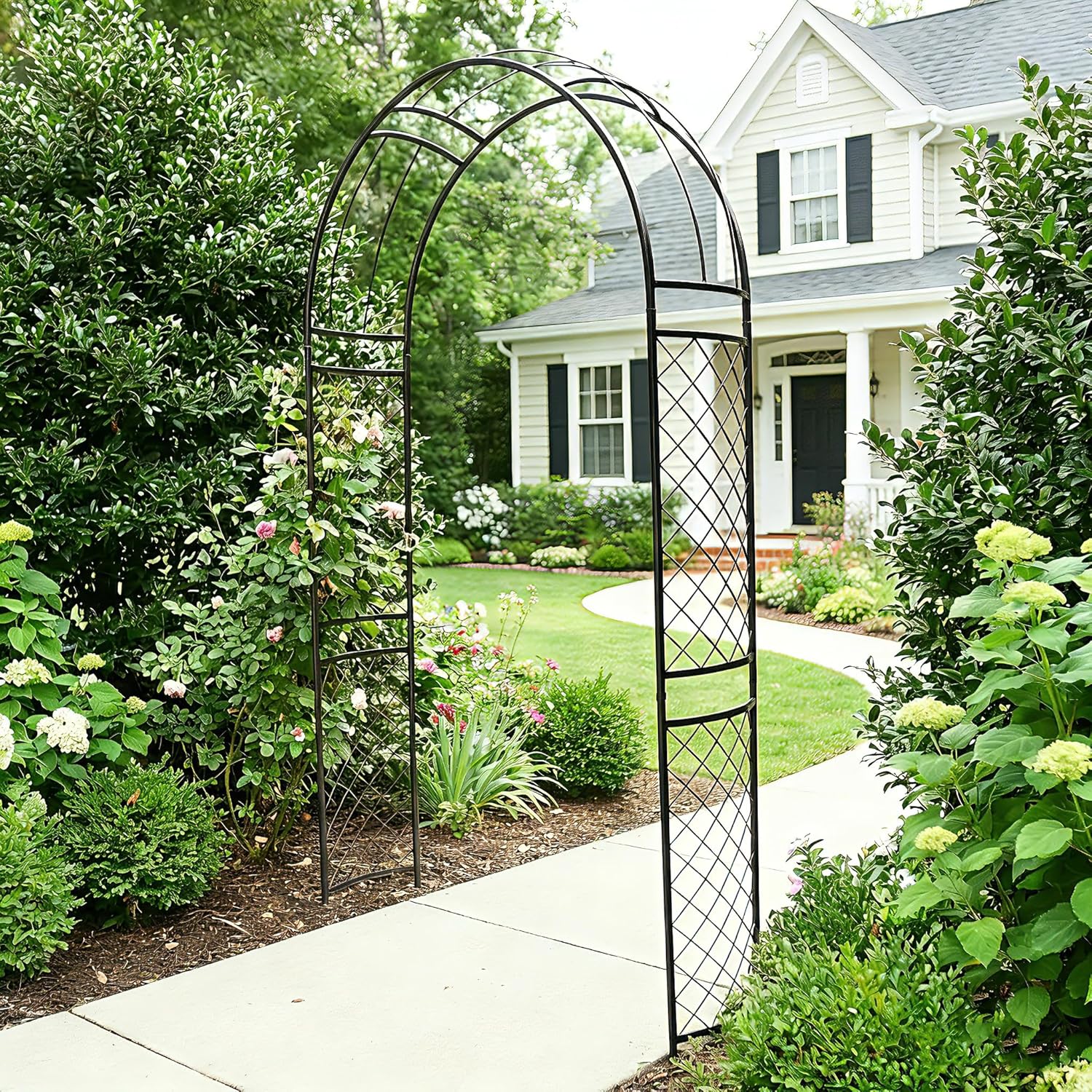 SCENDOR Metal Garden Arch with Lattice Side Panels 88.6" H x 50.8" W– Heavy-Duty Arbor for Climbing Roses, Vines, and Outdoor Patio, Lawn, Backyard, Wedding Decor (Black)