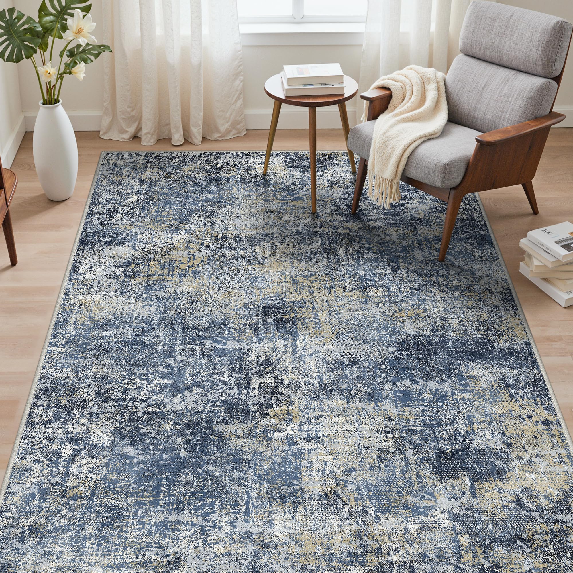 GENIMO Rug Living Room 120x170cm, Modern Abstract Area Rugs Washable, Non-Slip Floor Carpet, Low Pile, Non-Shedding, Dining Room, Bedroom, Kitchen, Indoor, Multi-Tone Blue Abstract