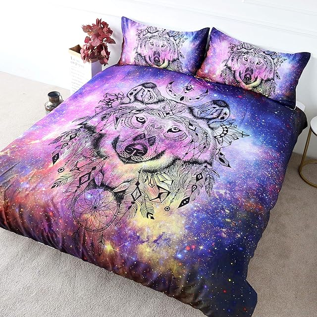 BlessLiving Galaxy Wolf Bedding Pink Blue Purple Nebula Space Wolf Duvet Cover set for Kids Teens Boys 3 Pieces Wolf Dream Catcher Cosmic Bedding (Single)