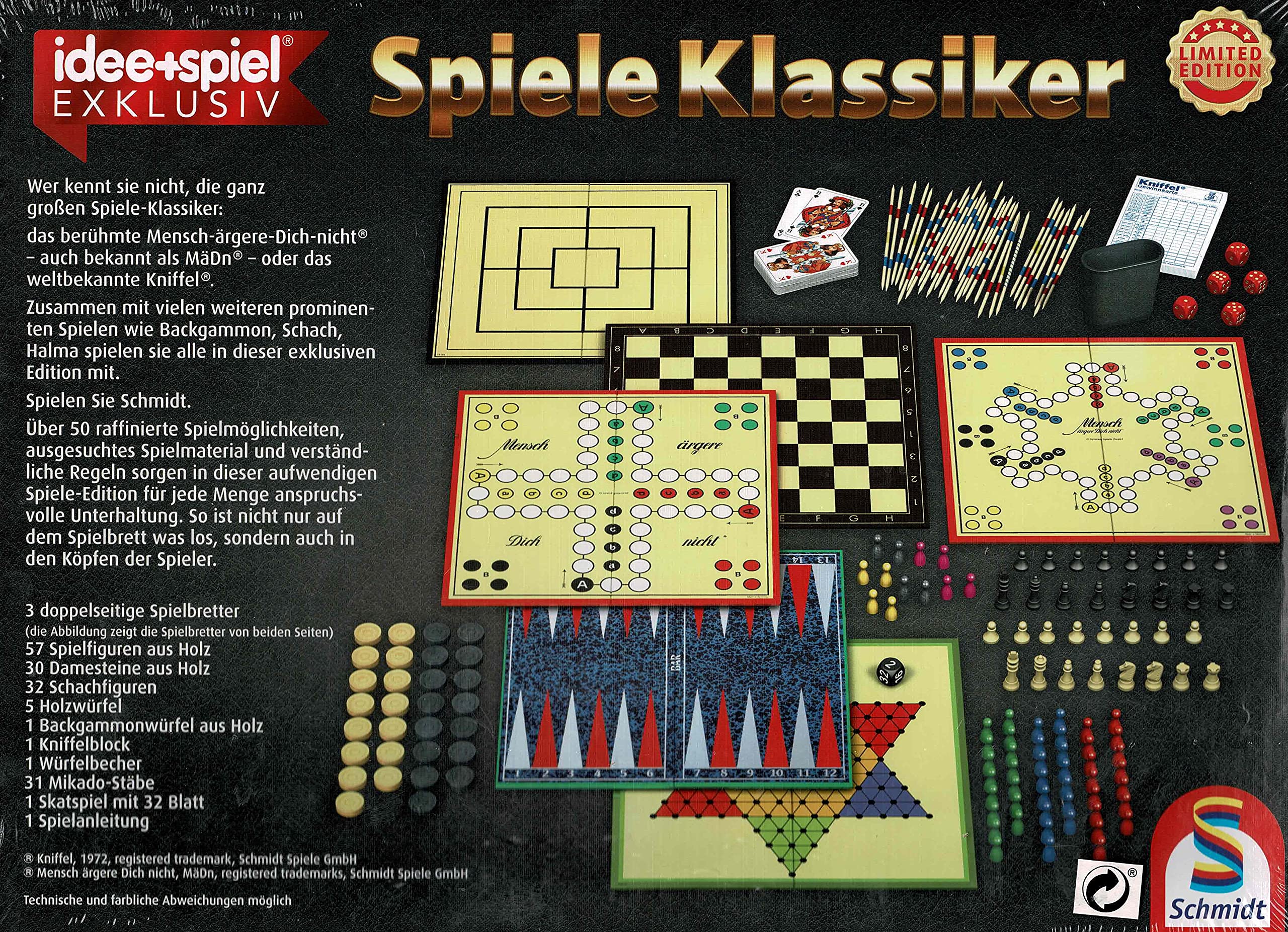 Steinchenwelt Collection de jeux Schmidt Spiele - Édition limitée (Kniffel, Mensch ärgere Dich Nicht, Mikado, Skat)