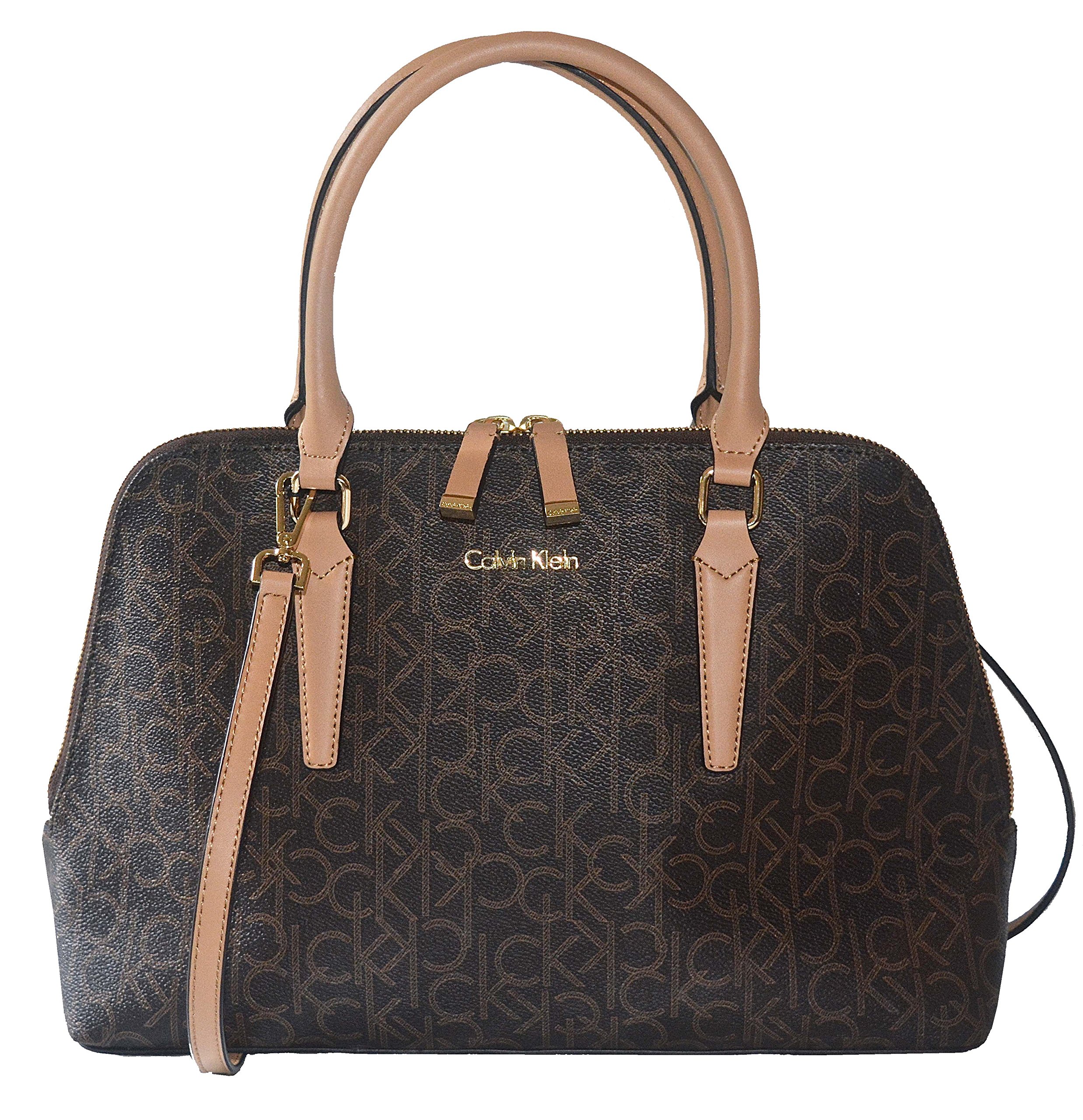 Calvin Klein CK Logo Dome Satchel Purse Shoulder Hand Bag Brown Khaki Camel