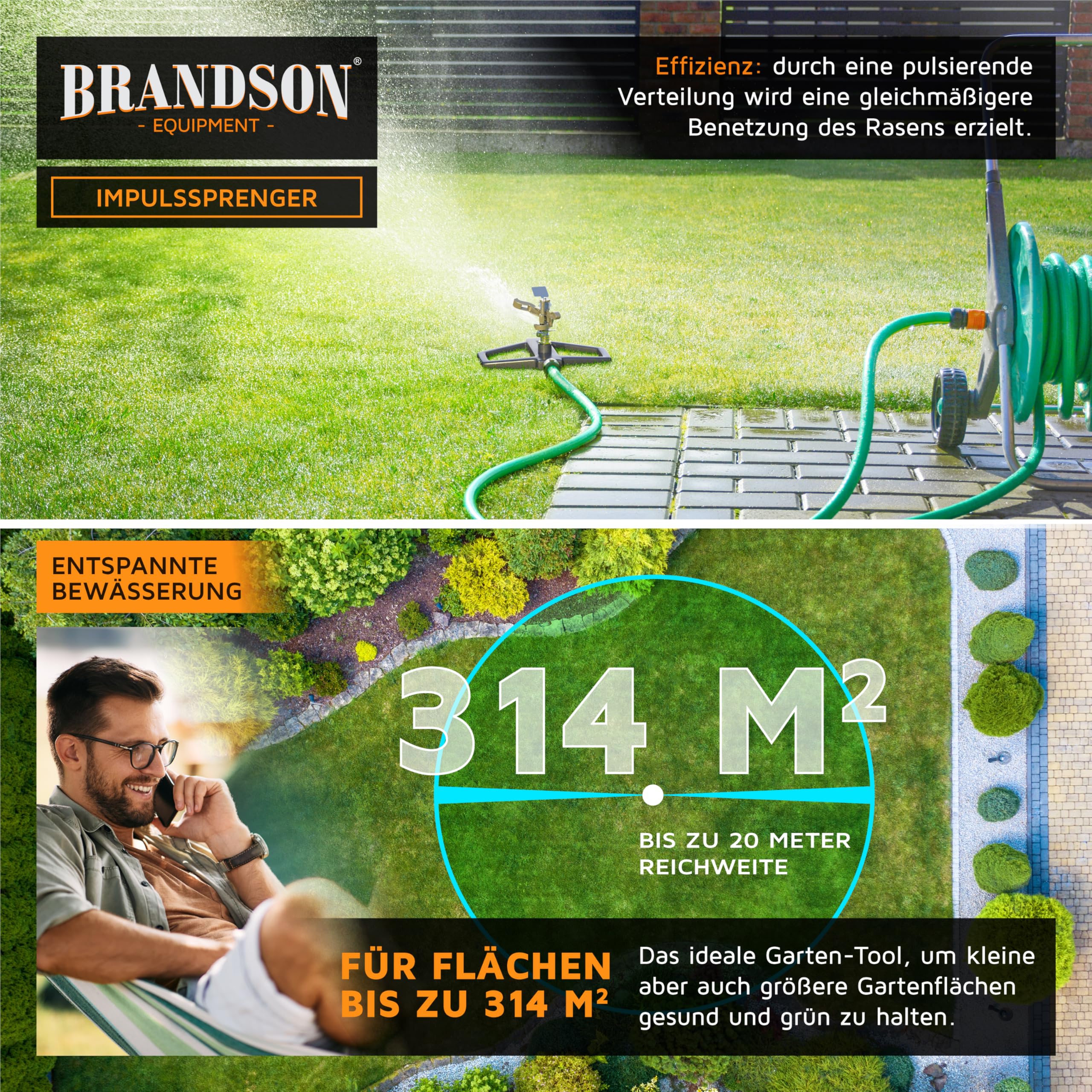 Brandson - Rasensprenger Impulsregner Metall – Intervall Sprinkler – Kreisregner – große Flächen bis 314 m2 – 20 m Reichweite - Bewässerungssystem – Schnellkupplung 3/4 Zoll auf 1/2 Zoll
