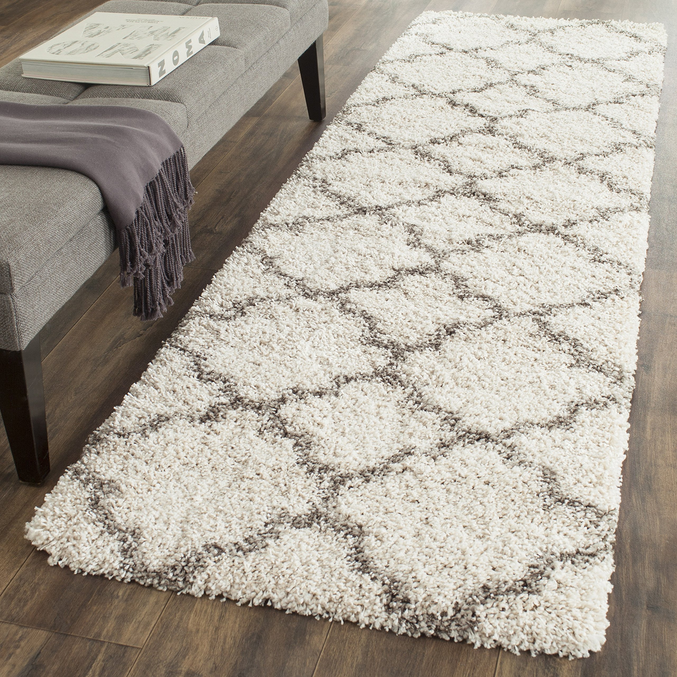 SAFAVIEH Hudson Shag Collection Runner Rug - 2'3" x 6', Ivory & Grey, Moroccan Trellis Design, Non-Shedding & Easy Care, 2-inch Thick Ideal for High