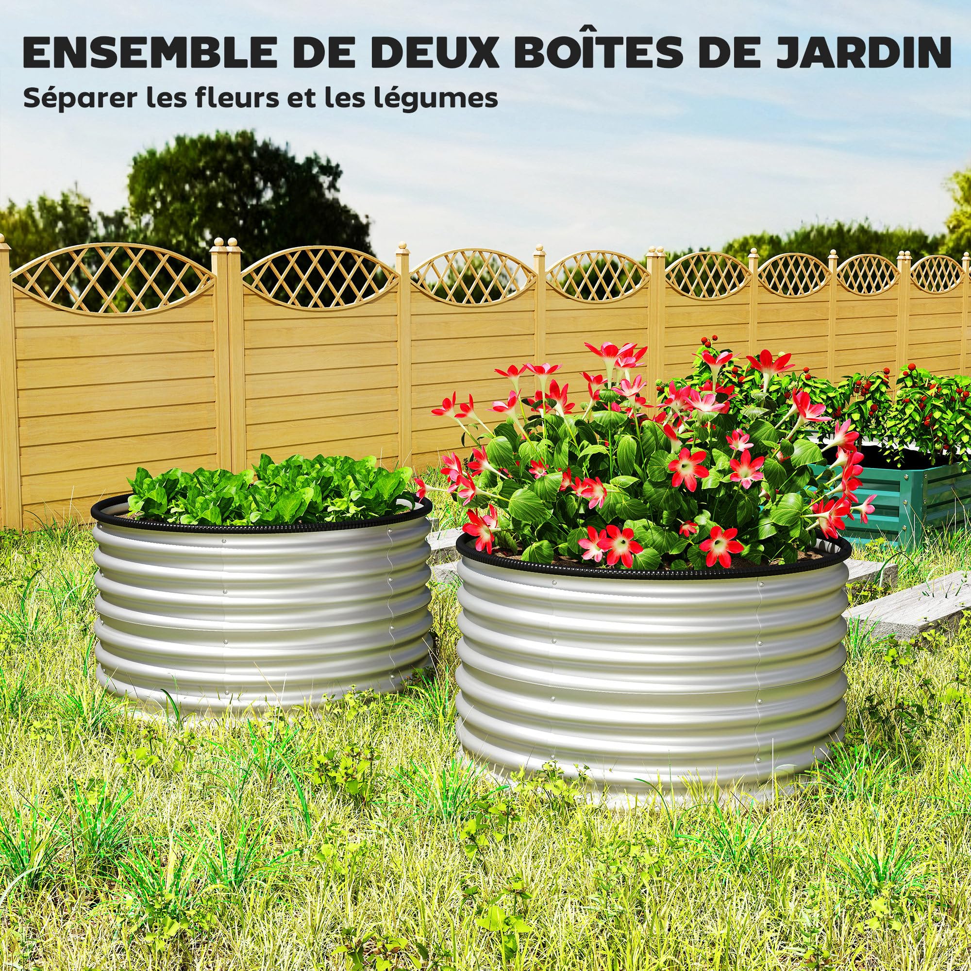 Outsunny Jardinières Surélevées, Jardinière Ronde Surélevée, Lot de 2 | Kit Rond, Fonds Ouverts, Joints en Caoutchouc Protecteurs, Acier Argent Galvanisé