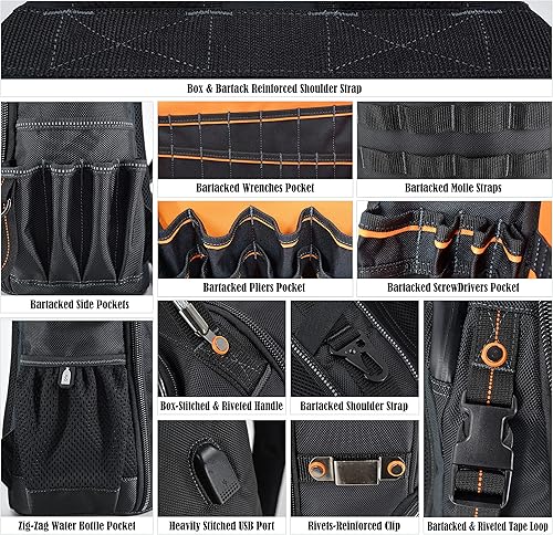 Miniatura 9 de WELKINLAND Mochila de 66 bolsillos bolsa de herramientas, mochila de herramientas resistente, mochila para electricista, mochila para lugar de