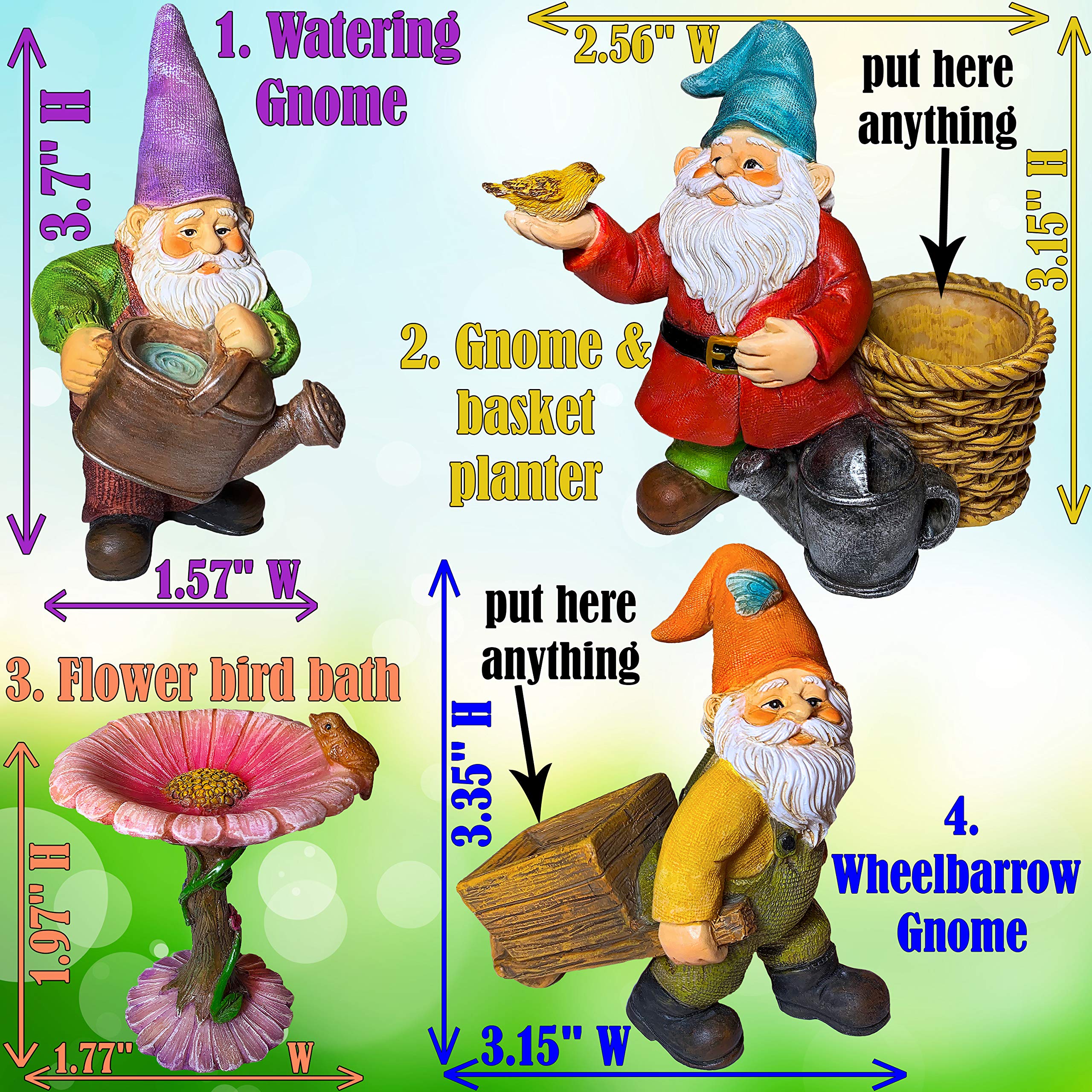Mood Lab Miniature Gardening Gnomes Set of 4 pcs - 3,5" H Garden Gnome Figurines & Accessories Kit - Outdoor or House Decor - Image 3