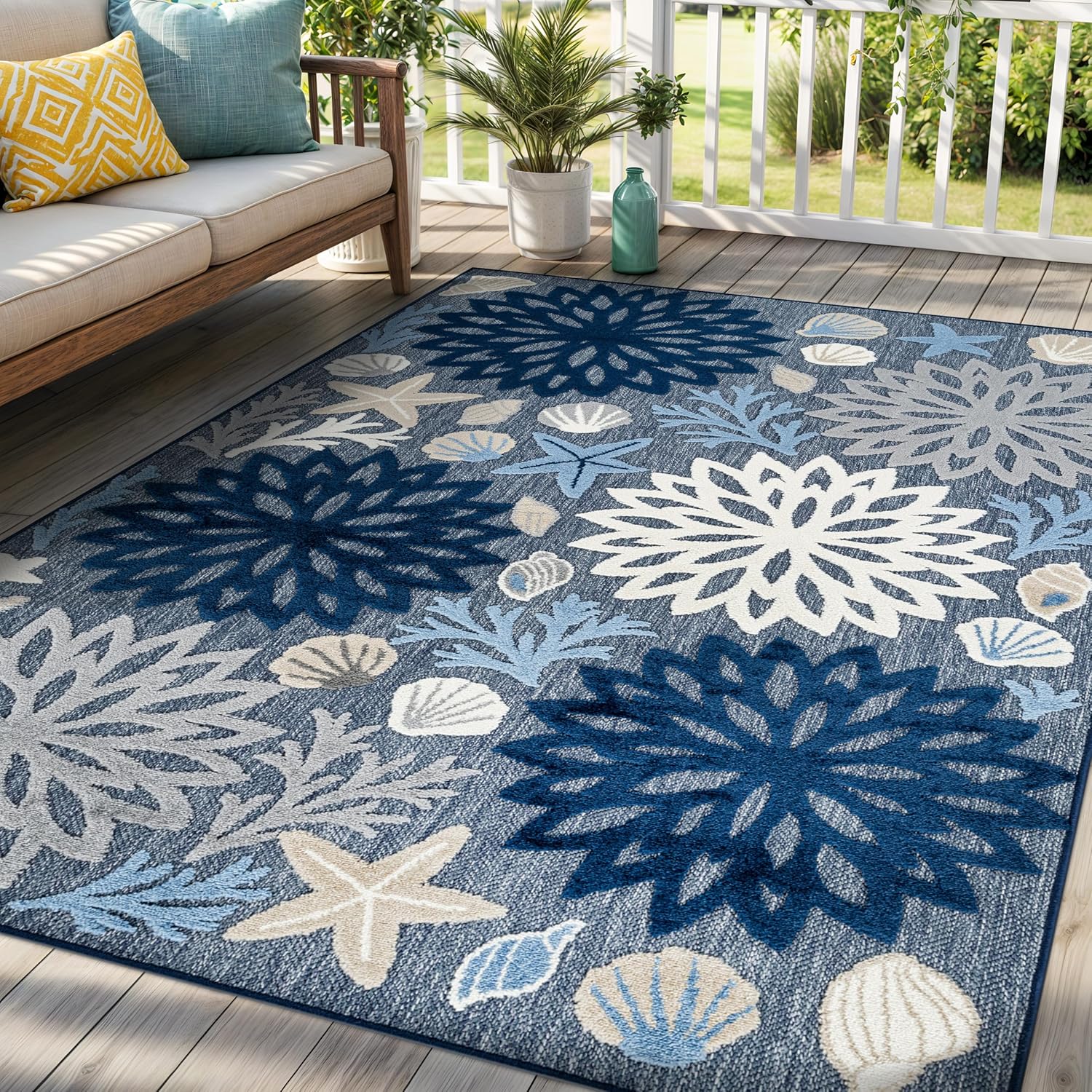 Rugshop Indoor/Outdoor High-Low Textured Area Rug, Coastal Floral, Easy-Clean Patio Rug for Porch Deck Balcony 5' x 7' Navy