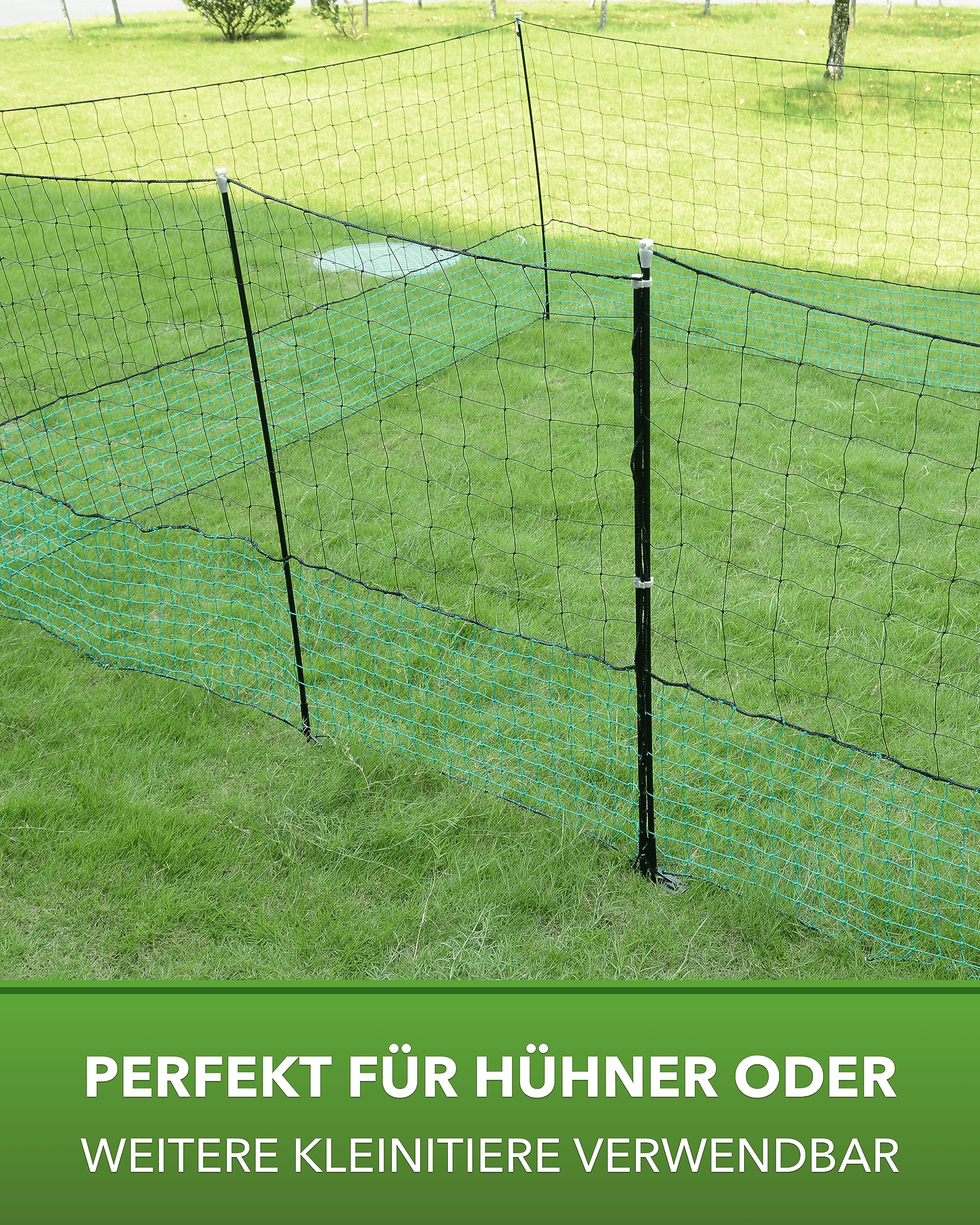 Geflügelnetz - engmaschiger Hühnerzaun - Weidezaun - Kleintierzaun mit Zugangstor, Pfählen und Heringen - mobiler Geflügelzaun - Farmzaun - Größe: 12m x 125cm