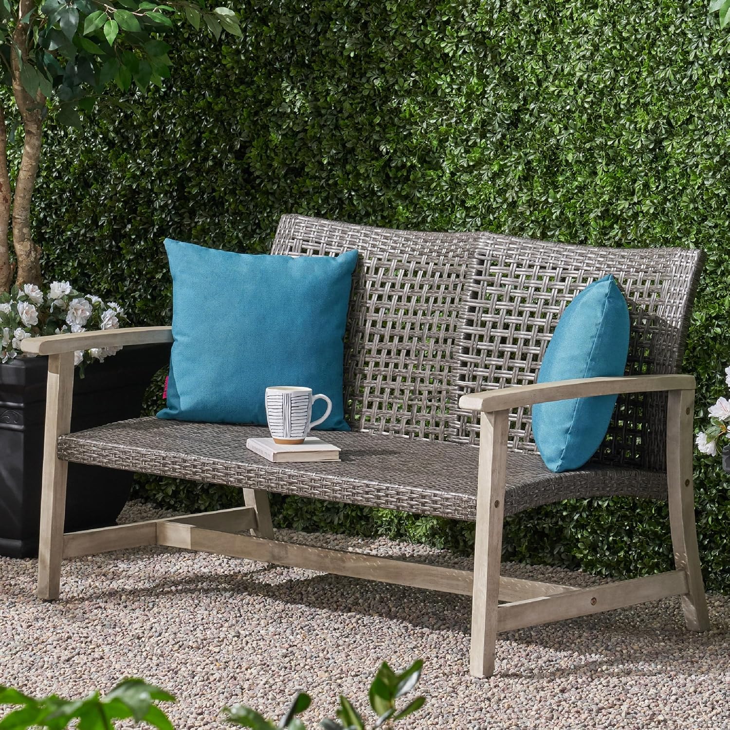 Merax Outdoor Patio Wicker Sofa, Small Casual Couch Loveseat with High Back & Armrest, Acacia Wooden Furniture for Backyard Garden, Waterr Resistant, Iron Seat Frame, Natural