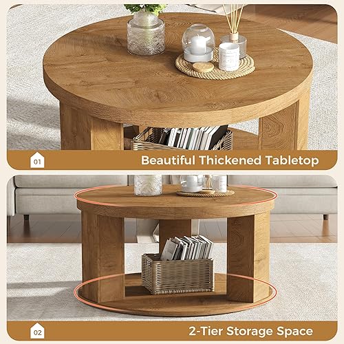 Miniatura 5 de Round Coffee Table, Farmhouse 2-Tier Circle Center Tables with Storage, 31.5" Wooden Coffee Desktop with Annual Ring Pattern, Circular Side Tables