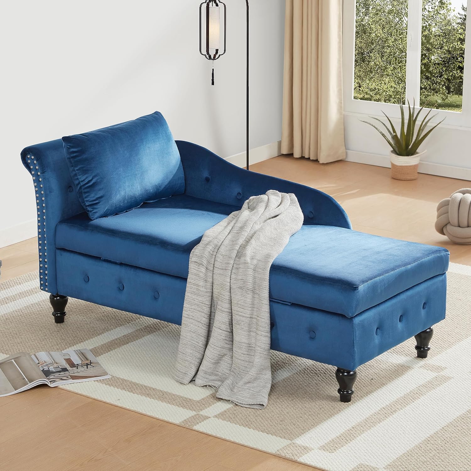 Chaise Lounge Indoor with Storage, Modern Nailhead-Trimmed Tufted Lounge Chair, Upholstered Chaise Lounges Couch with Pillow for Living Room, Bedroom, Office, Blue, Left Armrest