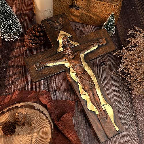 Miniatura 5 de BGCOPPER Crucifijo de pared de crucifijo de la Santísima Trinidad, cruz de Cristo Jesús para pared con gancho, cruz de madera hecha a mano para