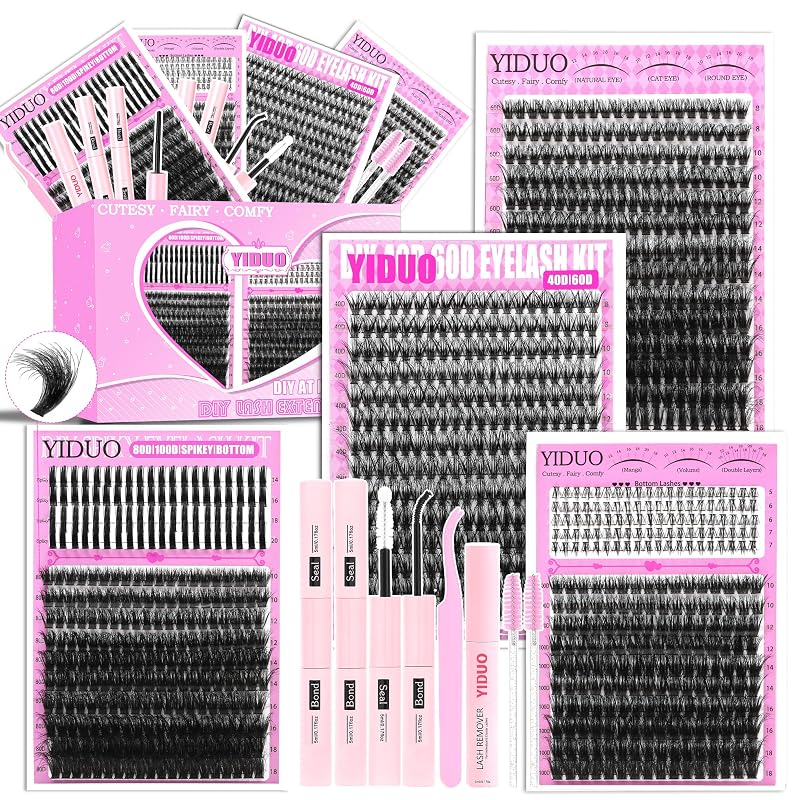 Kit de Cílios em Tufo YIDUO 40D/60D/80D/100D com Spikes e Cílios Inferiores, Bond e Seal, Removedor e Pinça, 1000 unidades