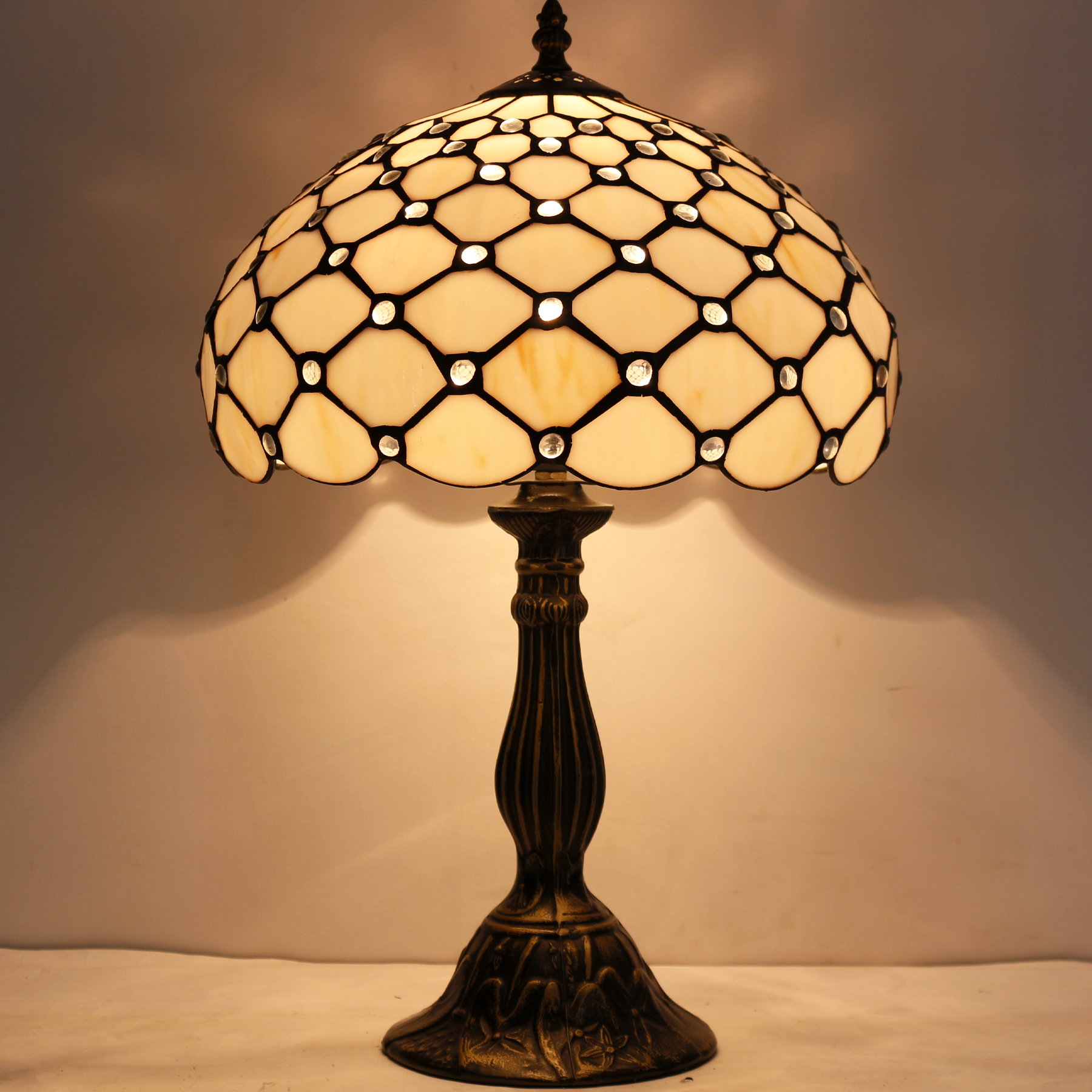Image of WERFACTORY Tiffany Lamp Cream Amber Stained Glass Bead Table Lamp 18 Inch