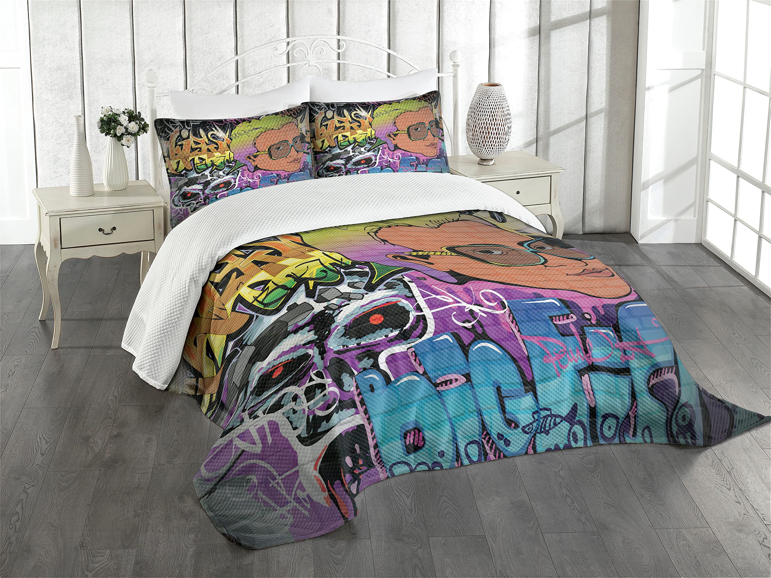 AmbesonneAmbesonne Urban Graffiti Bedspread, Hip Hop Design Graffiti Wall Urban Art Background Man Head Detail, Decorative Quilted 3 Piece Coverlet Set with 2 Pillow Shams, Queen Size, Purple