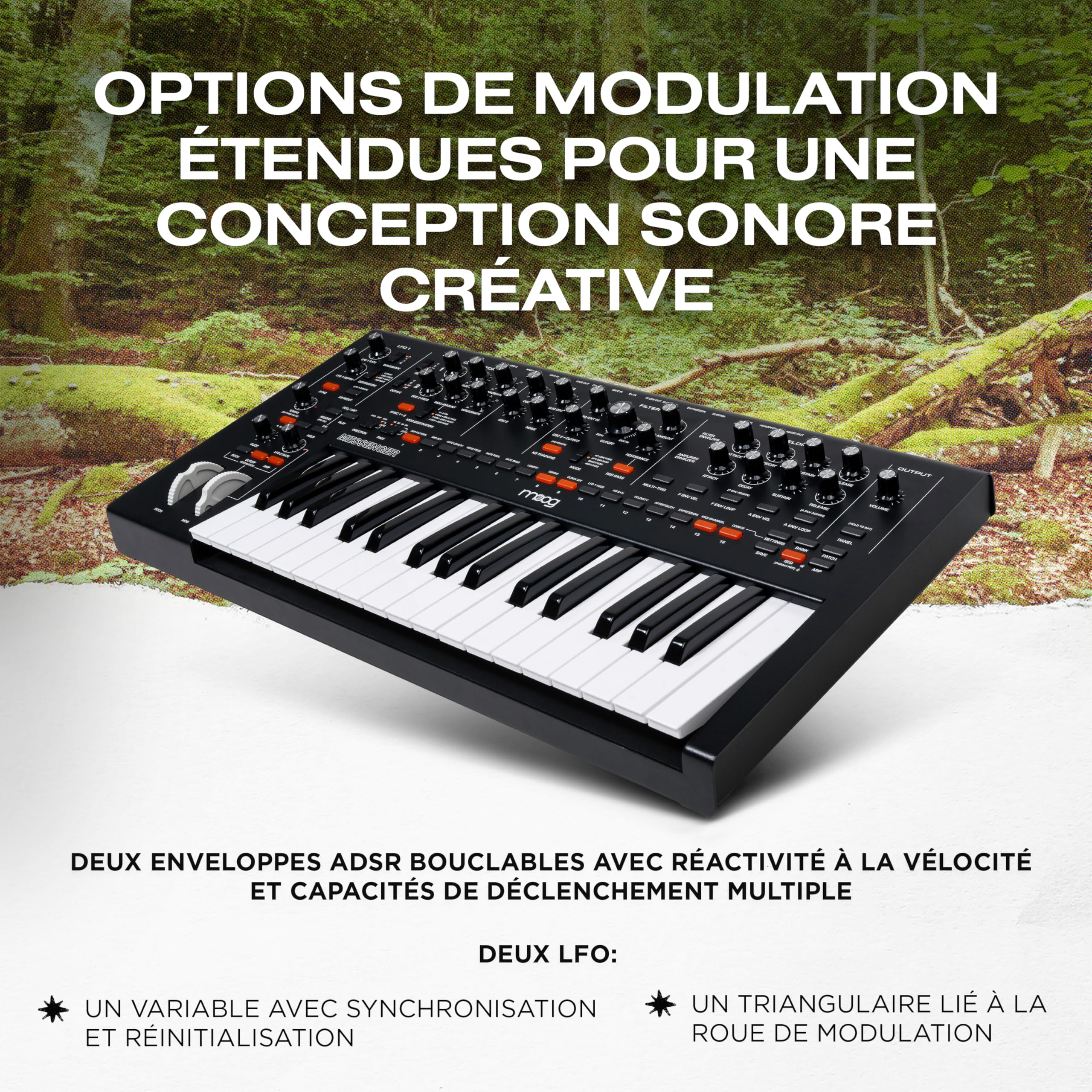 MOOG Messenger - Synthétiseur Monophonique Analogique Nouvelle Génération avec Clavier 32 Touches, Séquenceur 64 Pas, 256 Préréglages et Compensation RES BASS