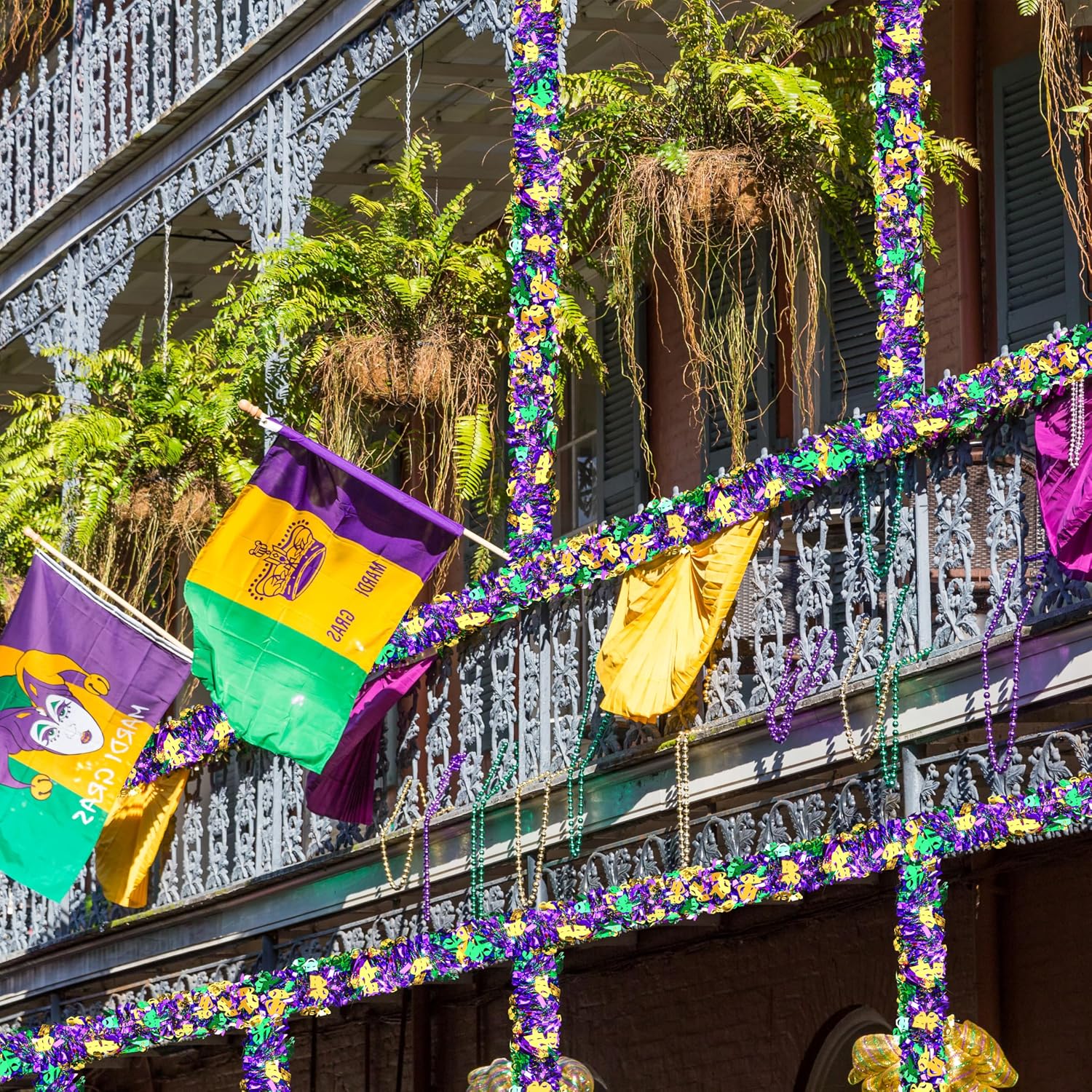 50 Feet Mardi Gras Decorations Glitter Tinsel Garland Purple Green Gold Metallic Streamers Sparkling Glittering Hanging Decoration for Mardi Gras Indoor Outdoor Home Party Decor