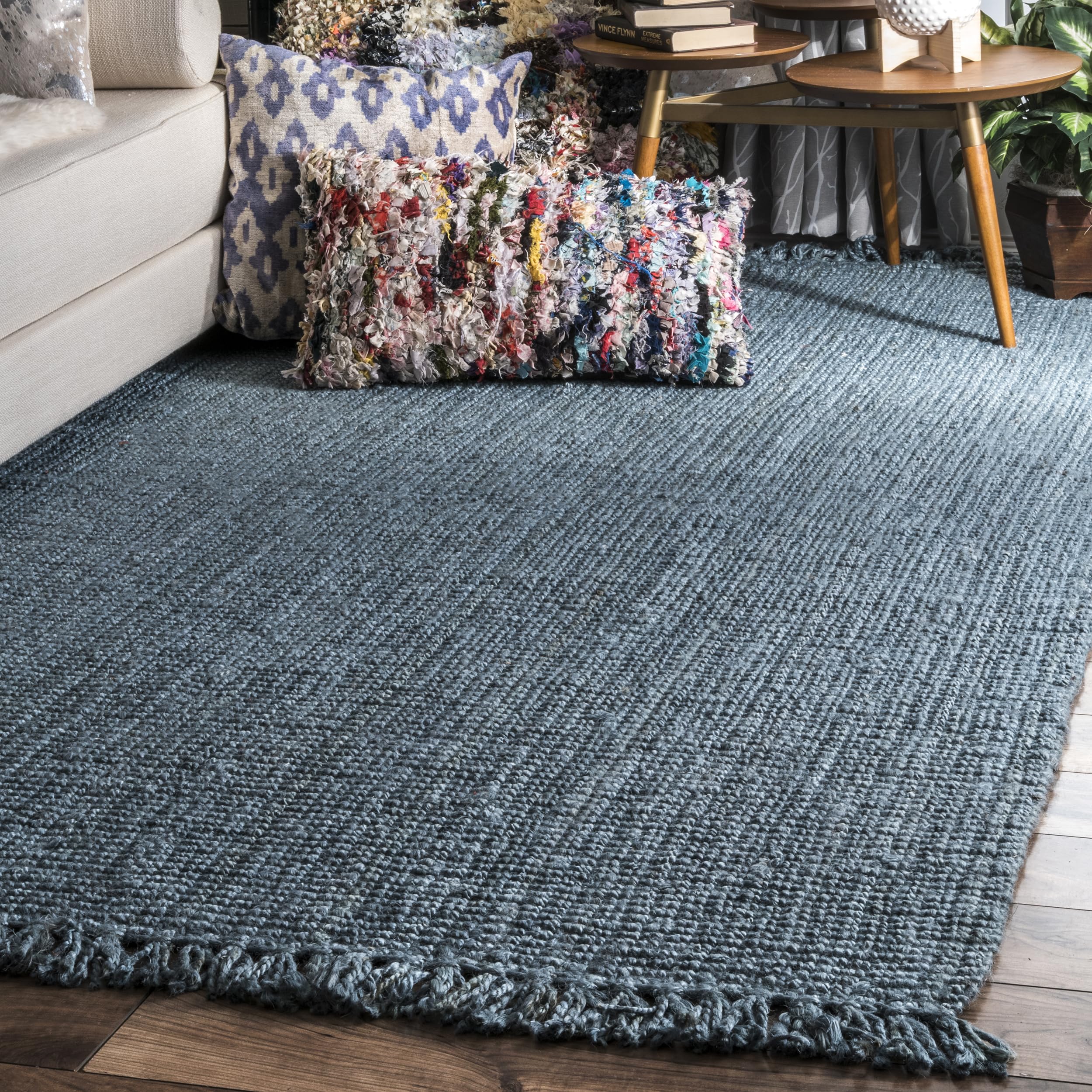 nuLOOM 3x5 Daniela Jute Tassel Hand Woven Area Rug, Blue, Solid Chunky Farmhouse Design, Natural Fiber, For Bedroom, Dining Room, Living Room, Hallway, Office, Entryway