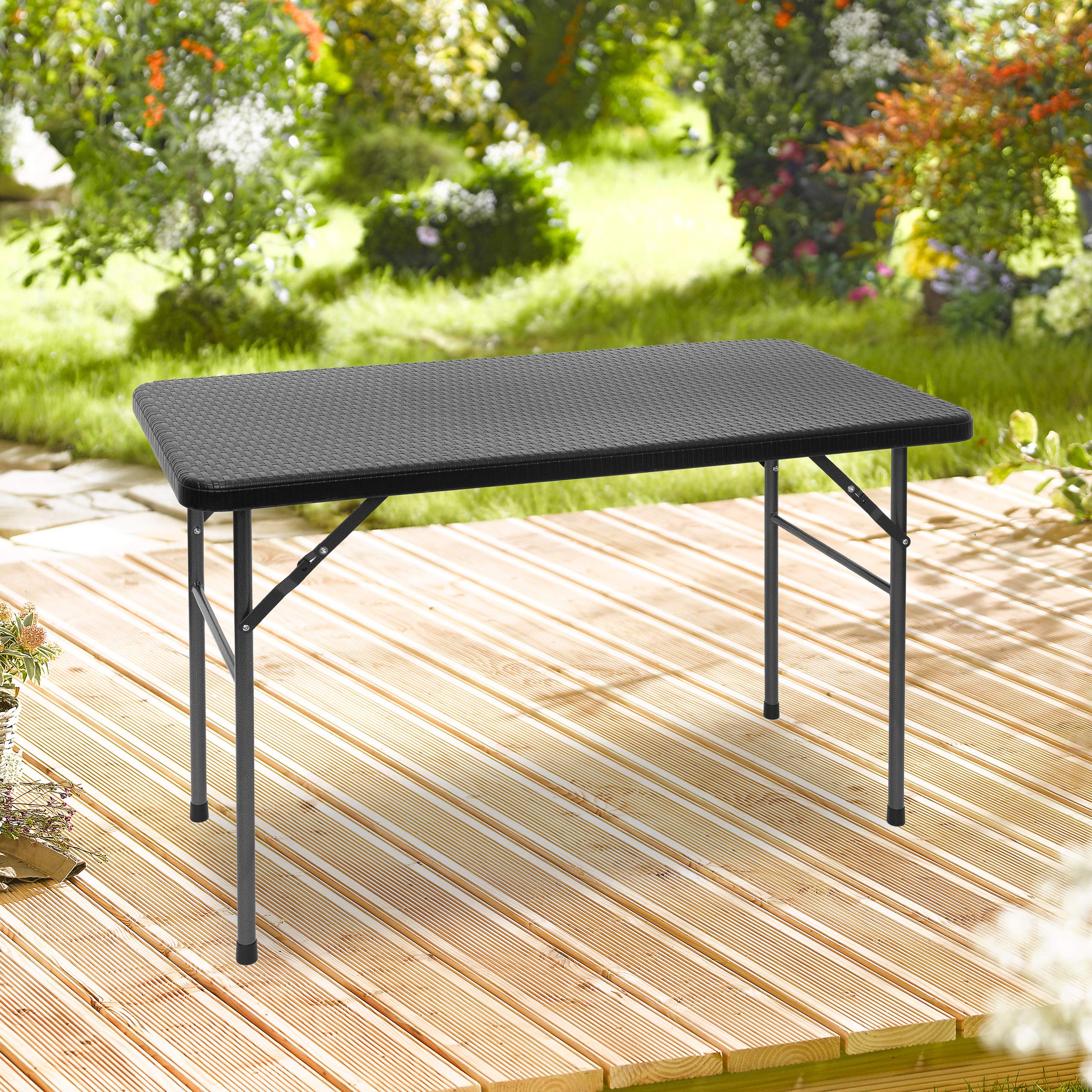 Relaxdays Tavolo da Campeggio Pieghevole BASTIAN, Rettangolare 74x121,5x61,5, Tavolino da Outdoor, Aspetto Rattan, Nero