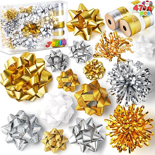 JOYIN Surtido de 47 lazos de regalo con 34 lazos de regalo autoadhesivos multicolor de tamaño surtidos, 2 lazos rizados, 2 lazos de oropel y 9