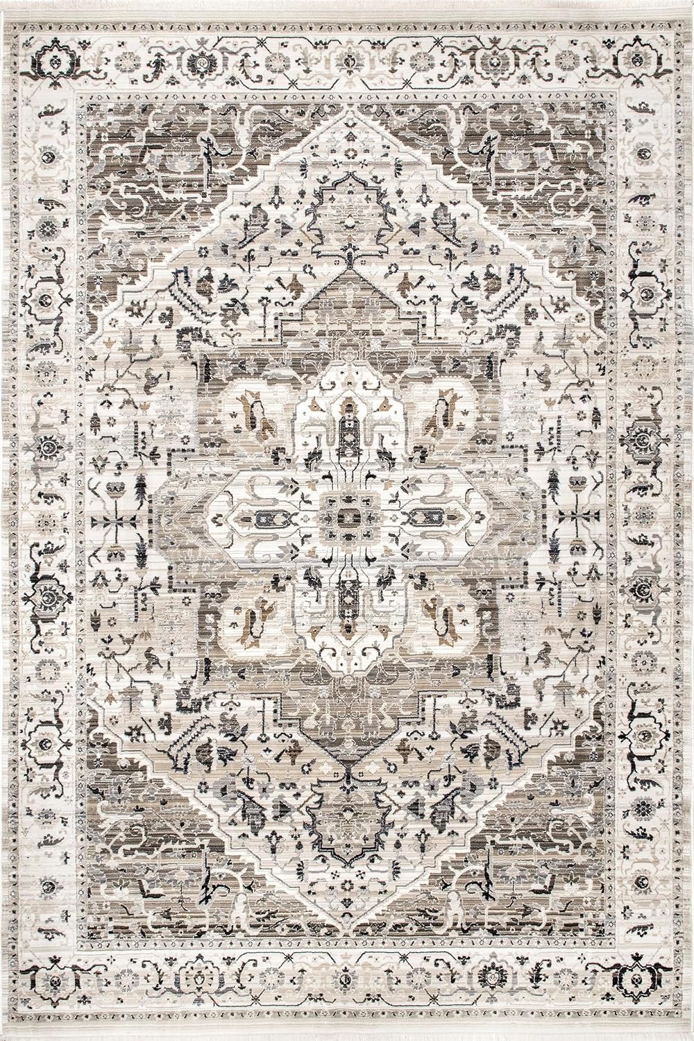 Nuloom Fringed Performance Oliveira Beige/Ivory, 3'3" x 5', Floral Medallion, Soft and Cozy, High Traffic, Stain Resistant, Easy Clean, Durable Area Rug for Bedroom, Living Room, Dining, Den, Foyer