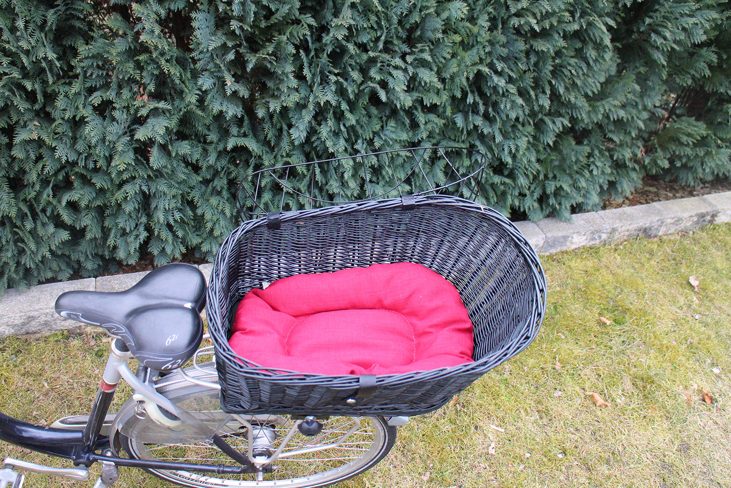 Panier de vélo pour chien - En osier - Avec grille en métal et coussin - Noir - Taille XL ou XXL - Panier de porte-bagages