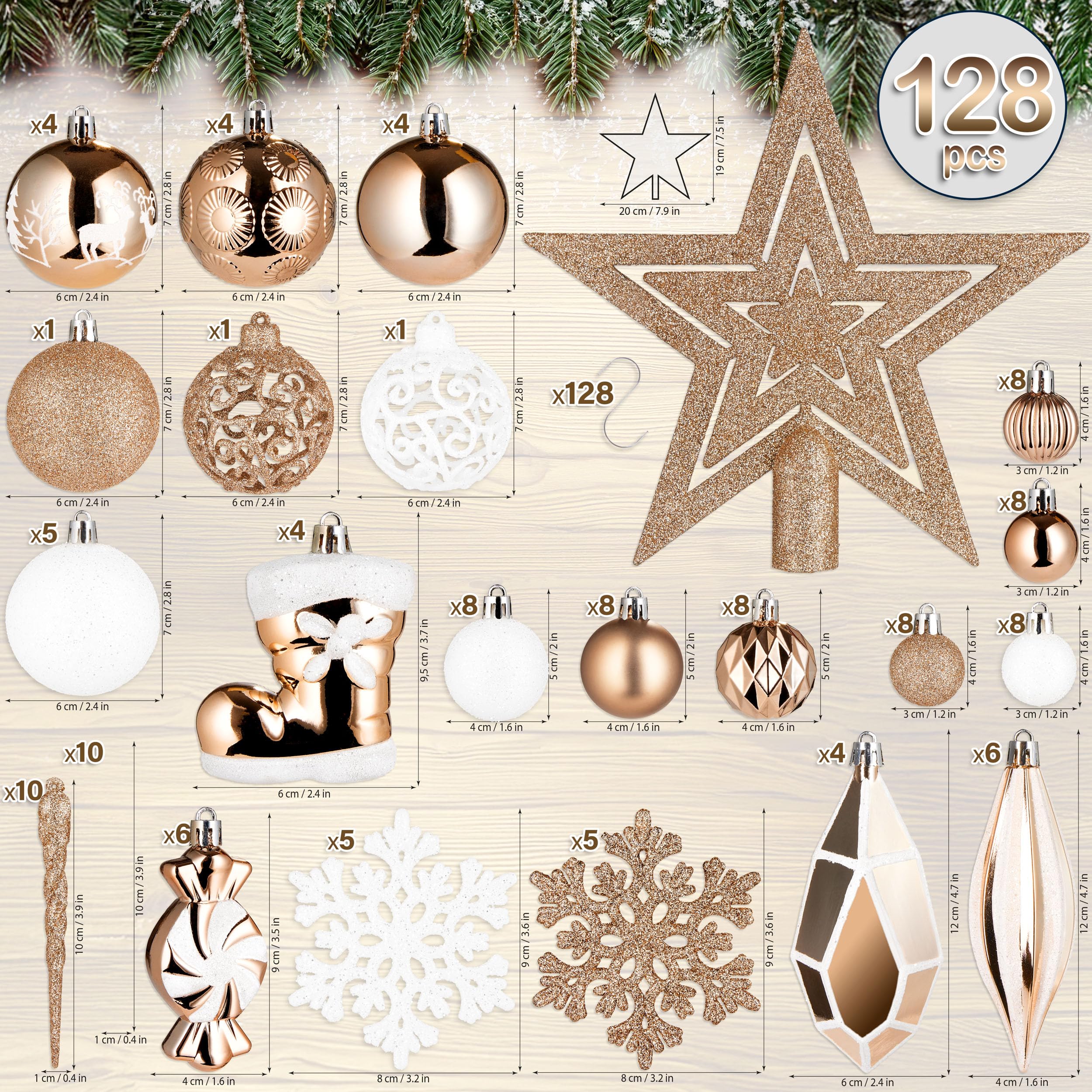 BRUBAKER Juego de 128 Bolas de Navidad - Adornos para el Árbol de Navidad XXL con Bolas de Purpurina, Carámbanos, Colgantes de Diamantes, Caramelos, Botas de Papá Noel y Estrella para el Árbol Champán