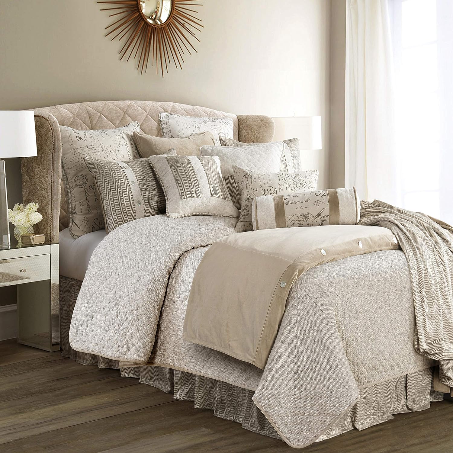 HiEnd Accents Fairfield Classic Throw Pillow 16x21 inch, Cream Taupe Herringbone Weave and Quilted Pattern Envelope Pillow, Modern Rustic Accent Pillow for Bed, Couch, Sofa