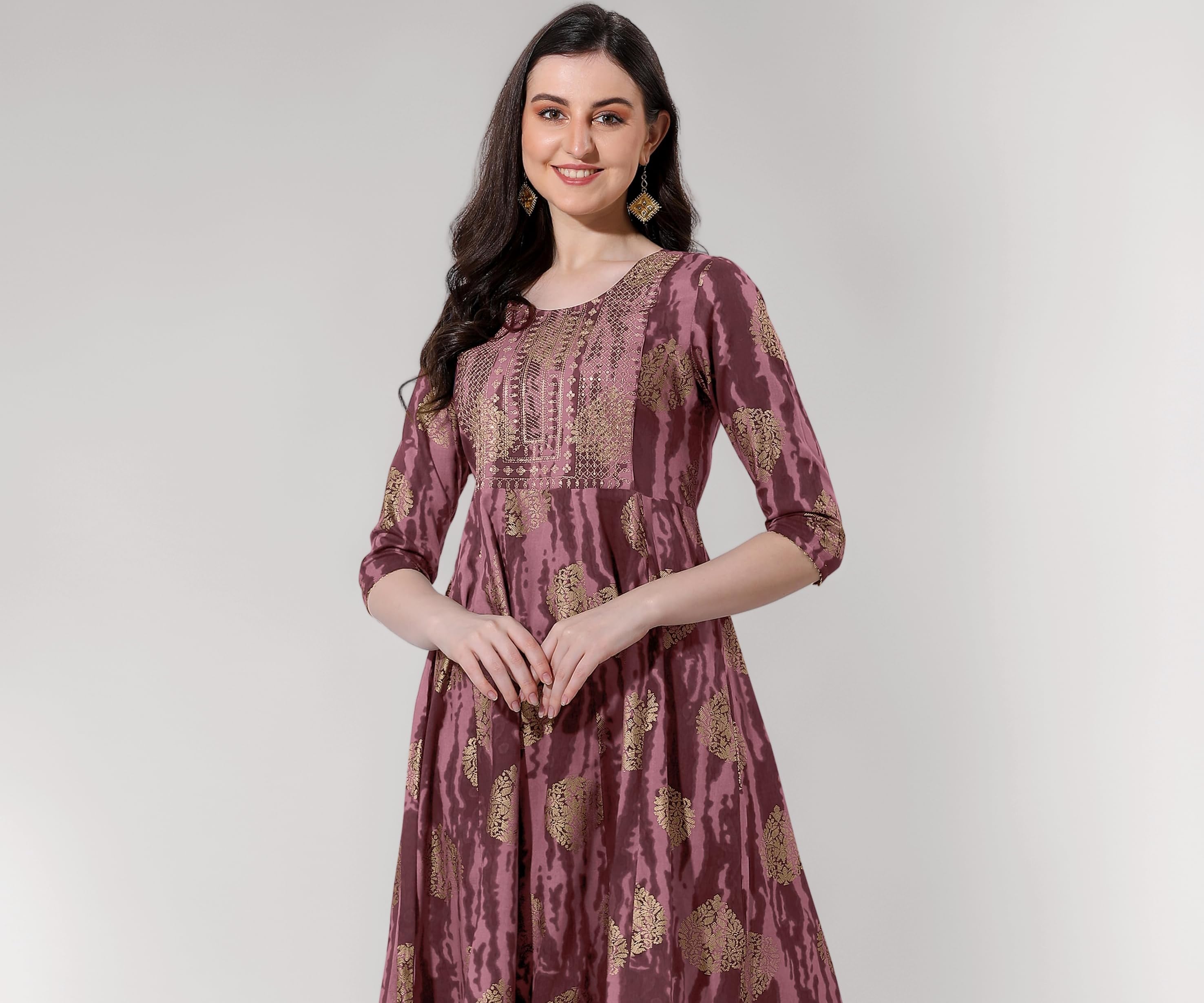MIRCHI FASHION Women's Cotton Relaxed Fit A Line Sequins Embroidery Work Foil Printed A-Line Kurti Only