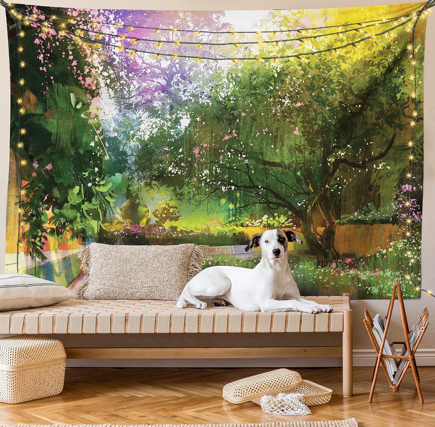 Lunarable Fantasy Tapestry King Size, Pathway of Secret Paradise Garden with Magic Sun Rays on Bushes Nature Artwork, Wall Hanging Bedspread Bed Cover Wall Decor, King Size, Green Pink