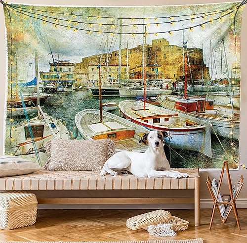 Ambesonne Tapiz marino, Nápoles, botes pequeños en la histórica costa italiana, patrimonio del castillo, arte náutico, colgante de pared ancho para