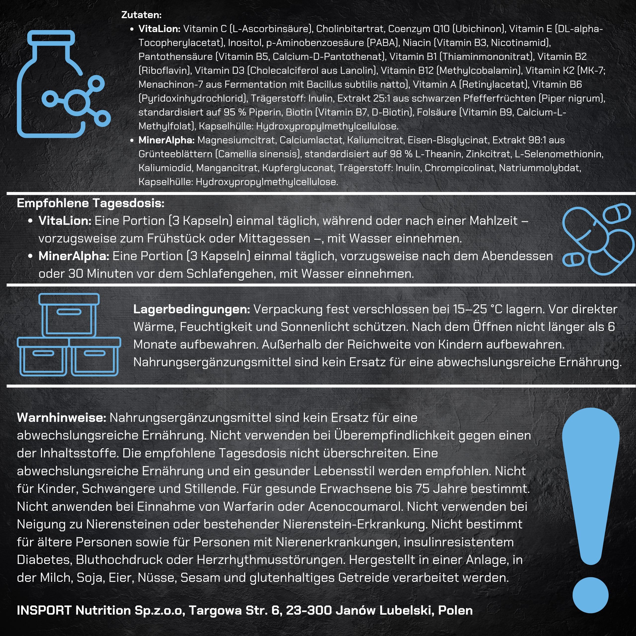 Multivitamin & Mineral Komplex für Männer – D3, K2, B-Komplex, Magnesium, Zink - VitaLion&MinerAlpha ManLife 180 vegane Kapseln