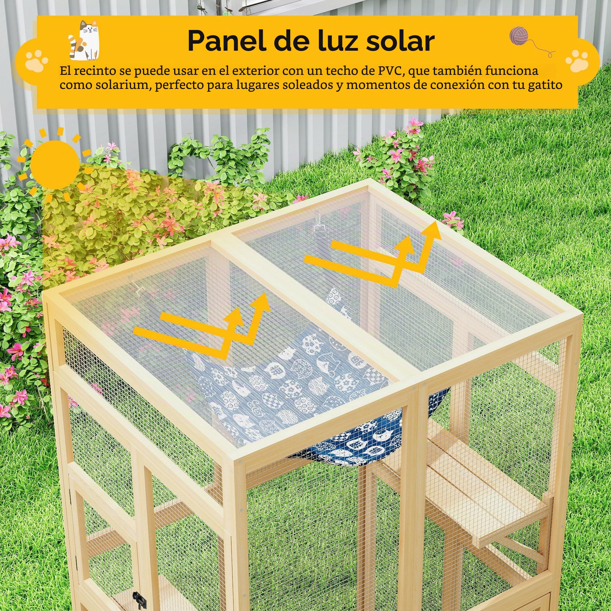 Recinto para gatos de 100 × 85 × 162 cm, resistente a la intemperie, para exteriores, casa para gatos Catio para balcón y jardín, recinto de madera con toldo, 3 niveles y hamaca