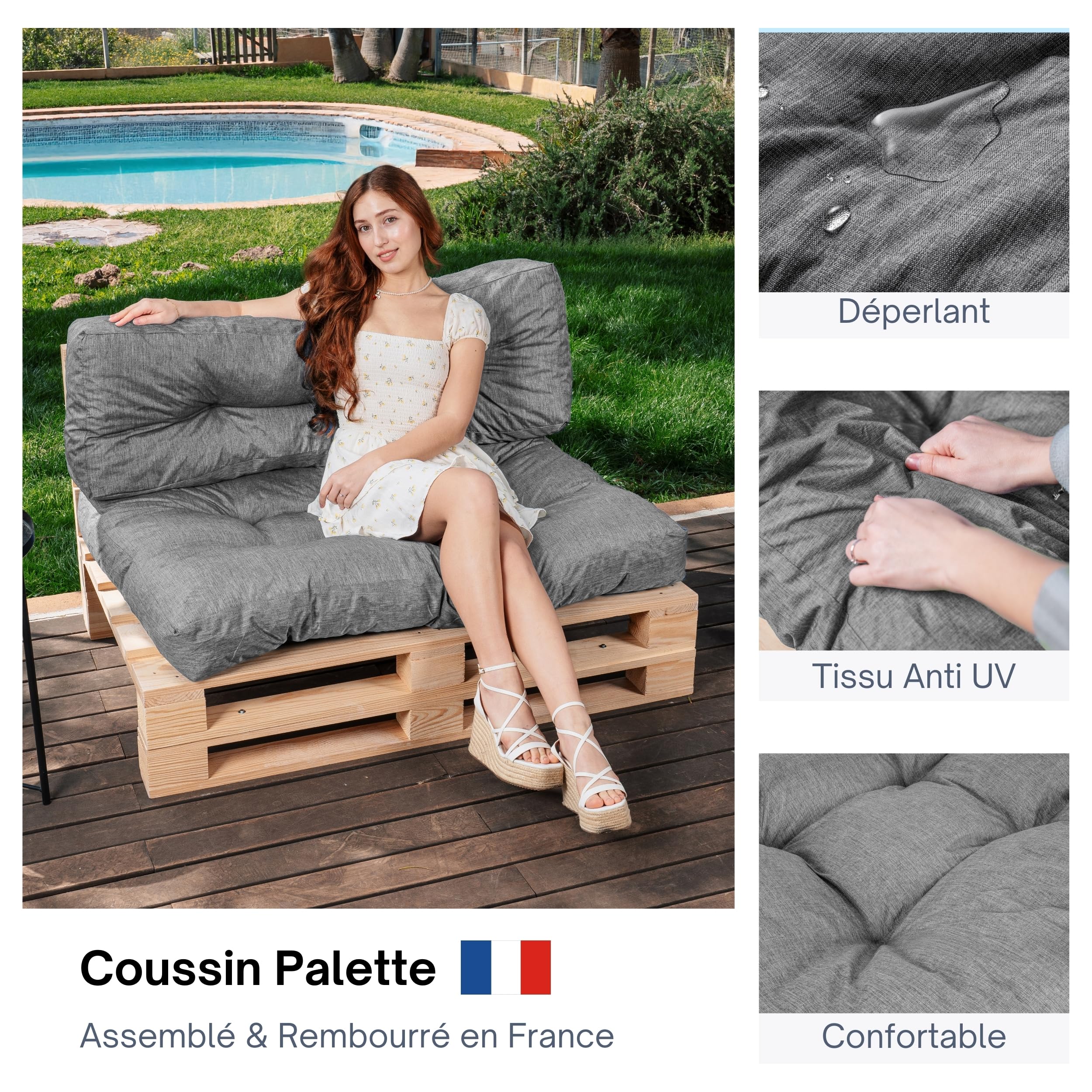 bananair - Coussin Palette Extérieur Confortable - Tissu Résistant, Anti-UV & Déperlant - Coussin Salon de Jardin Extérieur, Balcon, Terrasse (Lot Assise + Dossier, Gris)