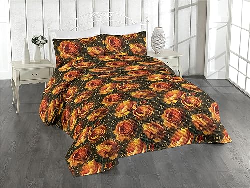 Ambesonne Colcha decorativa floral, efecto retro, estampado de peonías ornamentales sobre fondo de estilo geométrico, cómodo juego de cama de 3