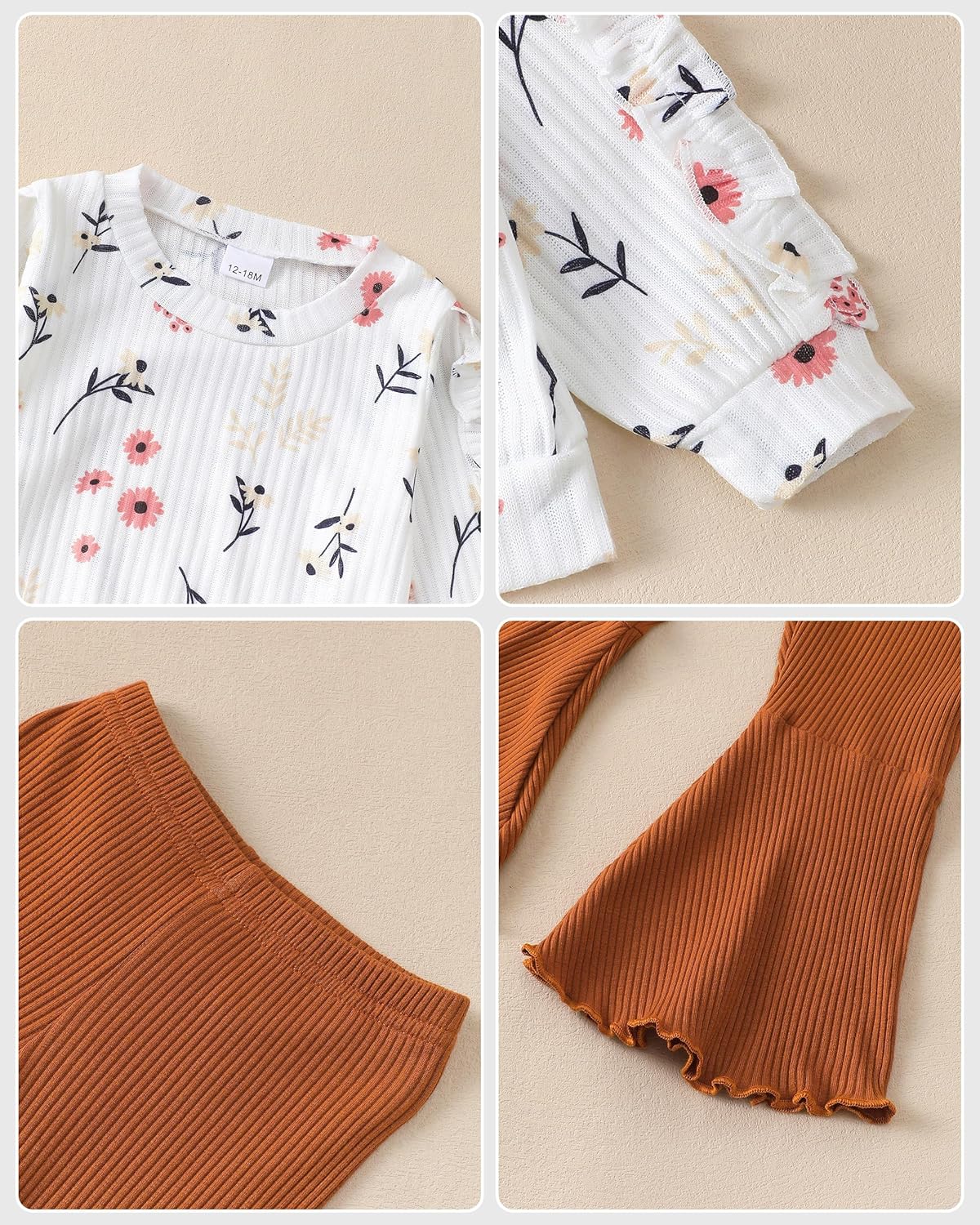 Renotemy Toddler Baby Girl Clothes Fall Winter Outfits, Ruffle Sleeve Crew Neck Sweatshirts Flare Pants Set 12Months-4 Year - Image 7