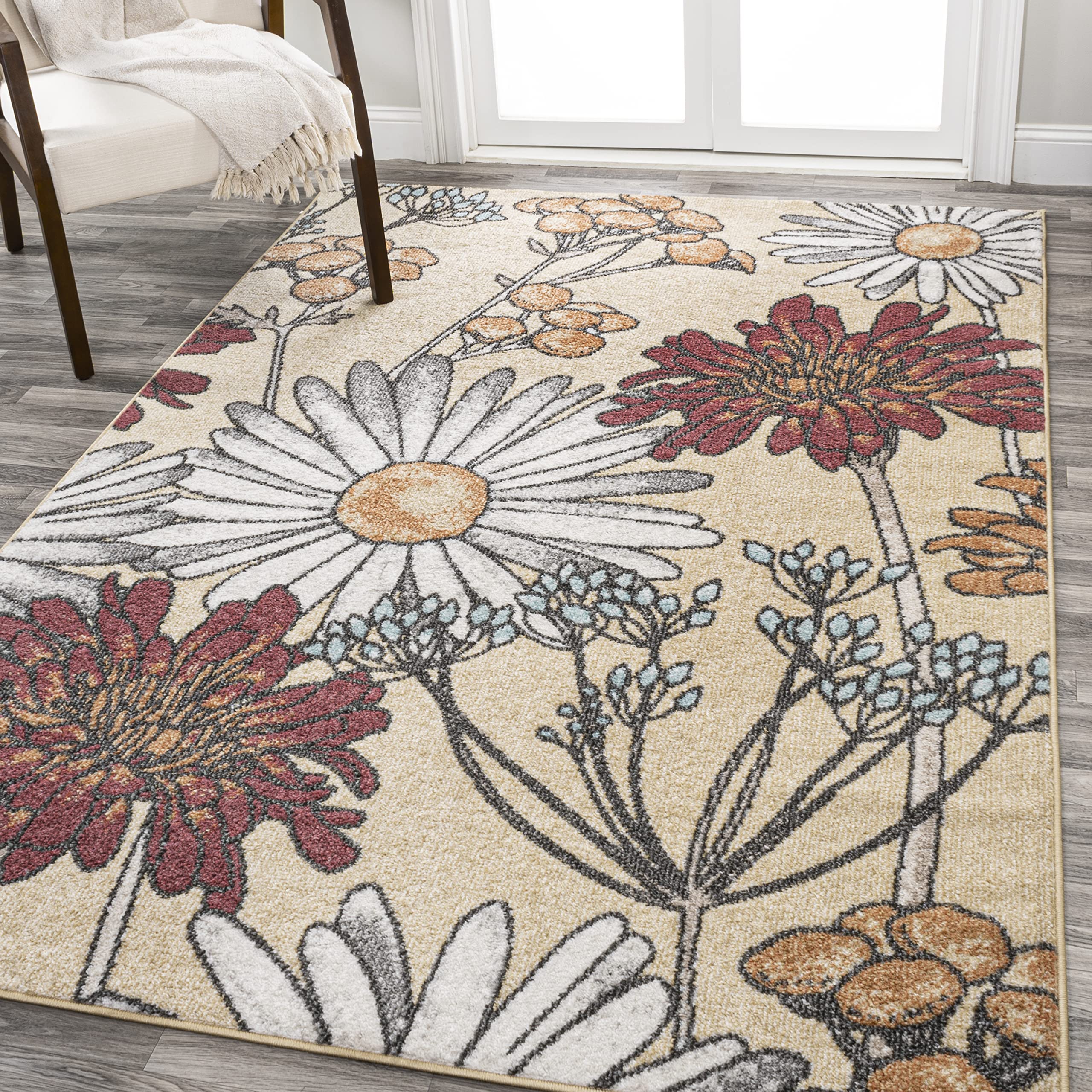 JONATHAN Y CTP203A-4 Dizi Modern Botanical Wildflower Indoor Area Rug, Contemporary, Floral, Tropical Easy Cleaning,Bedroom,Kitchen,Living Room,Non Shedding, Yellow/Ivory/Red, 4 X 6