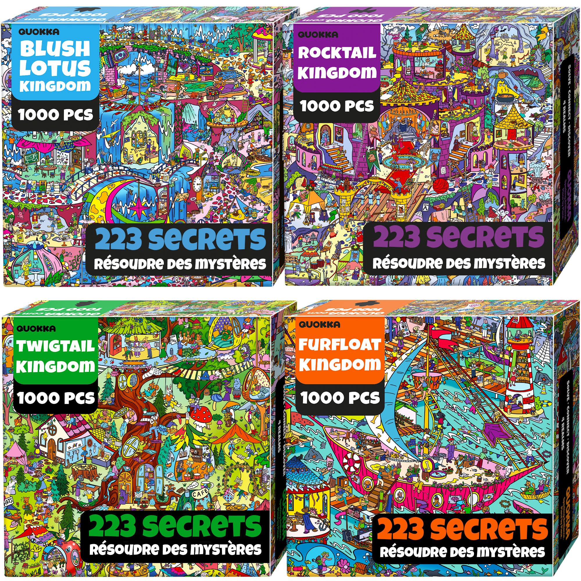 Puzzle 1000 pièces Adulte – Puzzles de 1000 pièces pour Adultes | Lot de 4 puzzles – 892 secrets cachés – Construisez un royaume mystérieux épique avec Rocktail, Twigtail, Furfloat et Blush L
