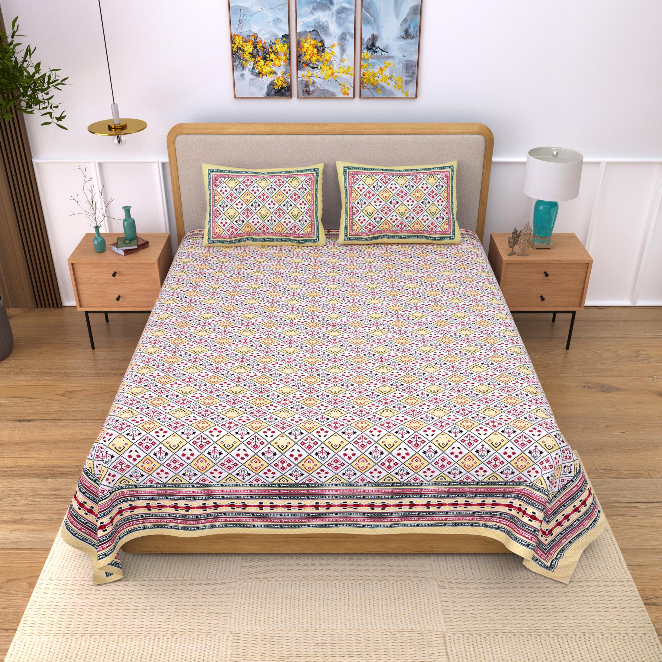 EasyGoods® India 100% Pure Cotton Jaipuri Printed Double Bedsheet with 2 Pillow Covers | Traditional Sanganeri Floral Design | Soft Breathable Fabric | King Size Bedsheet for Bedroom (Kaya38)