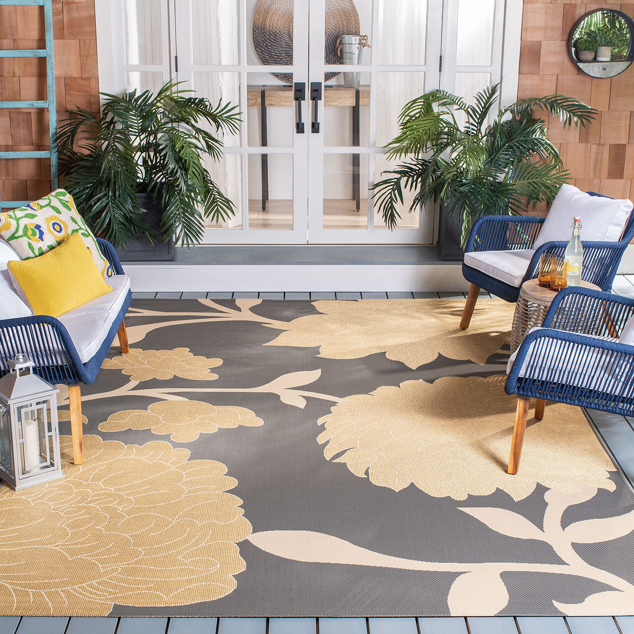 SAFAVIEH Washable Rug Outdoor Courtyard Collection - 6'7" Square, Anthracite & Beige, Non-Shedding & Easy Cleaning, Ideal for Patio, Backyard, Mudroom