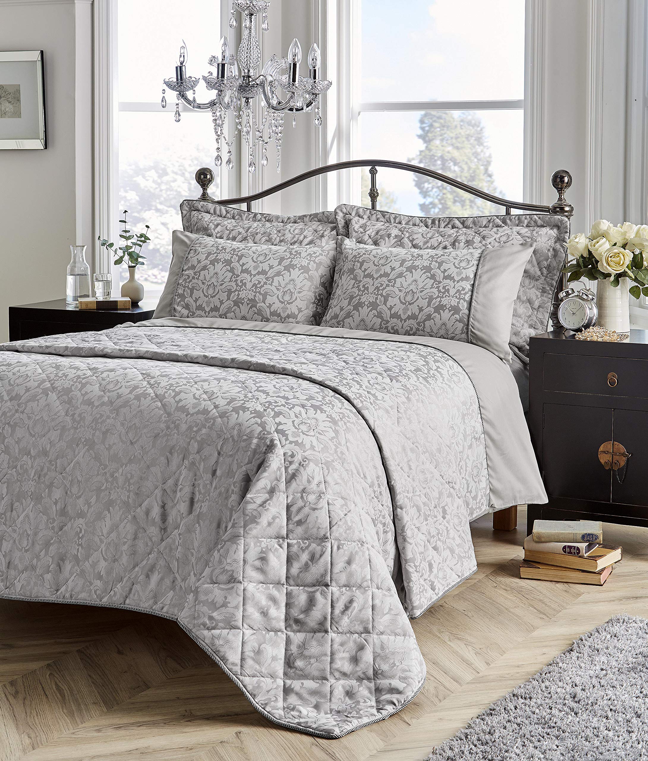 Looms & Leaves Silver Savoy Jacquard Luxurious Duvet Cover Sets Bedding Sets In (, Double)