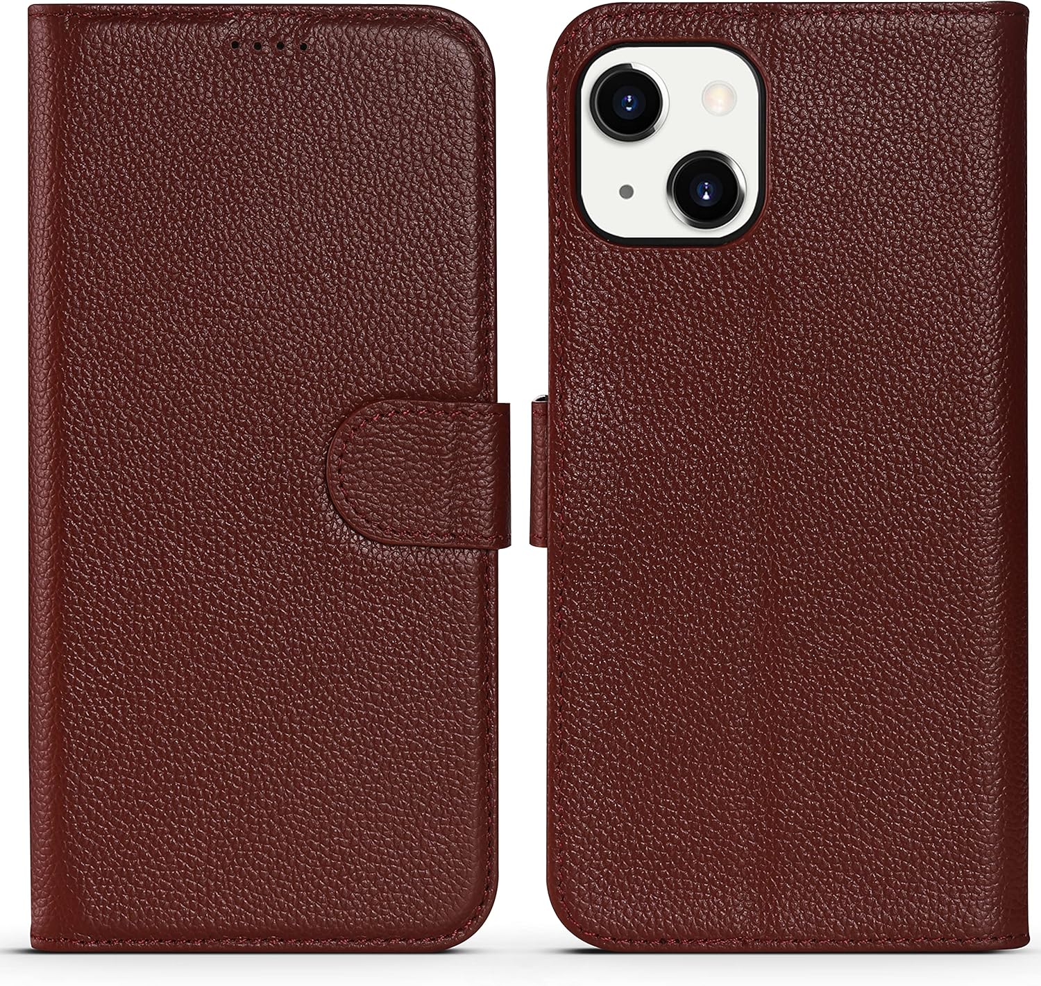 Genuine Leather Wallet Case for iPhone 13,Classic Lychee Pattern Real Leather Flip Stand Case Cover with Card Slot Red