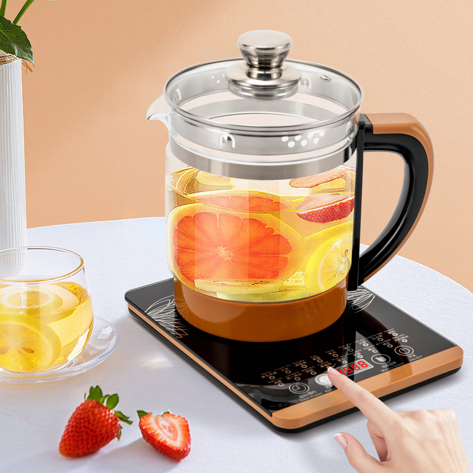 Tetera eléctrica de vidrio 1.8L 800W con infusor y pantalla táctil miniatura 7