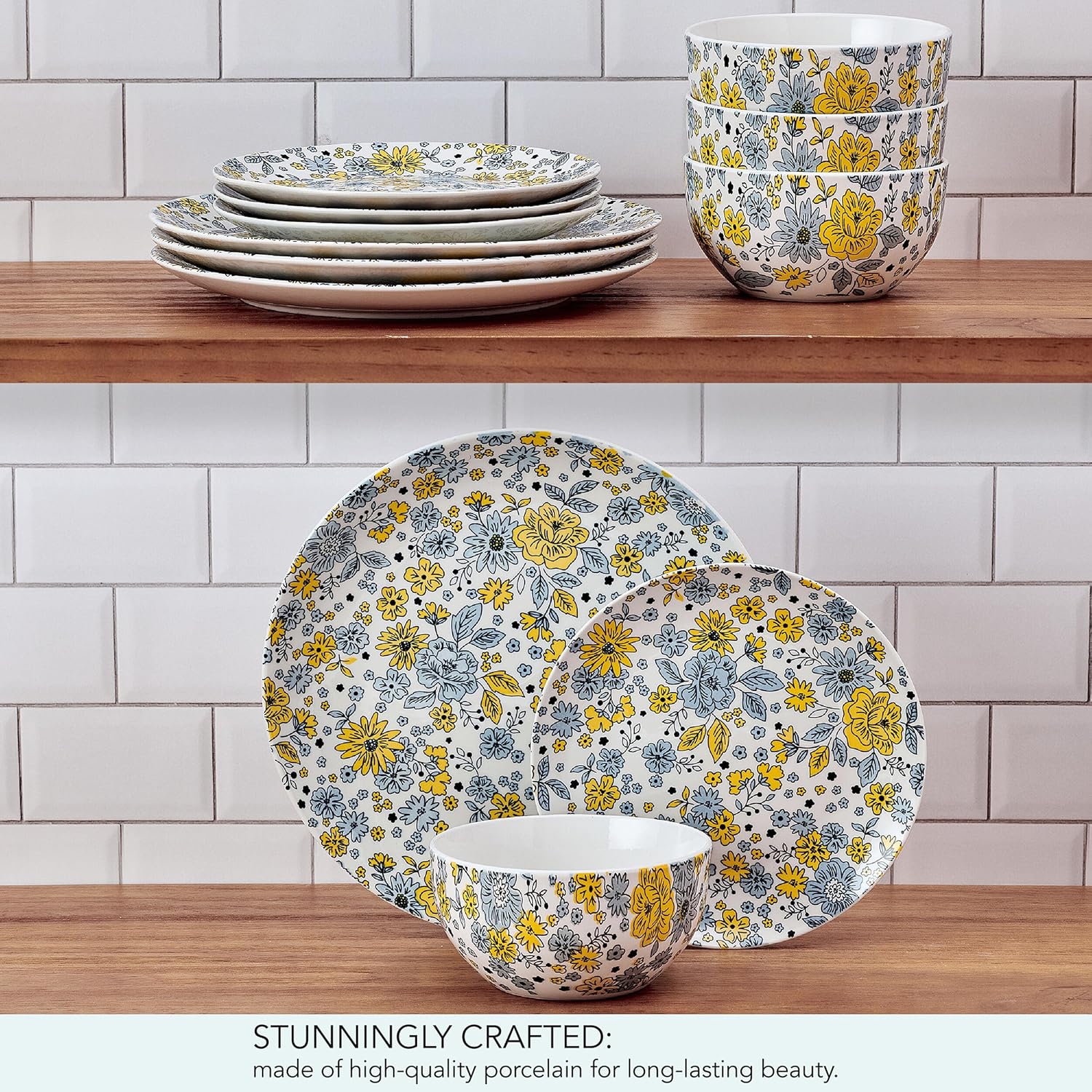 Pfaltzgtraff Vibrant Garden 12 Piece Floral Stoneware Dinnerware Plate Bowl Dish Set, Service for 4