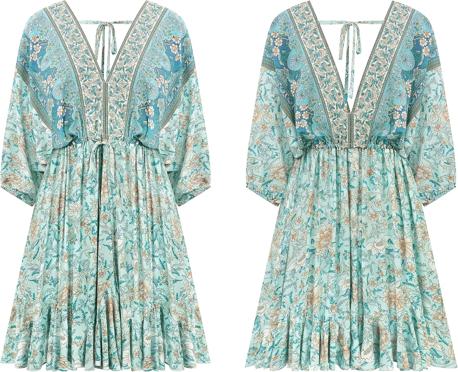 R.Vivimos Womens Summer Floral Dress 3/4 Sleeve Deep V Neck Boho Drawstring Backless Swing Mini Dress - Image 6