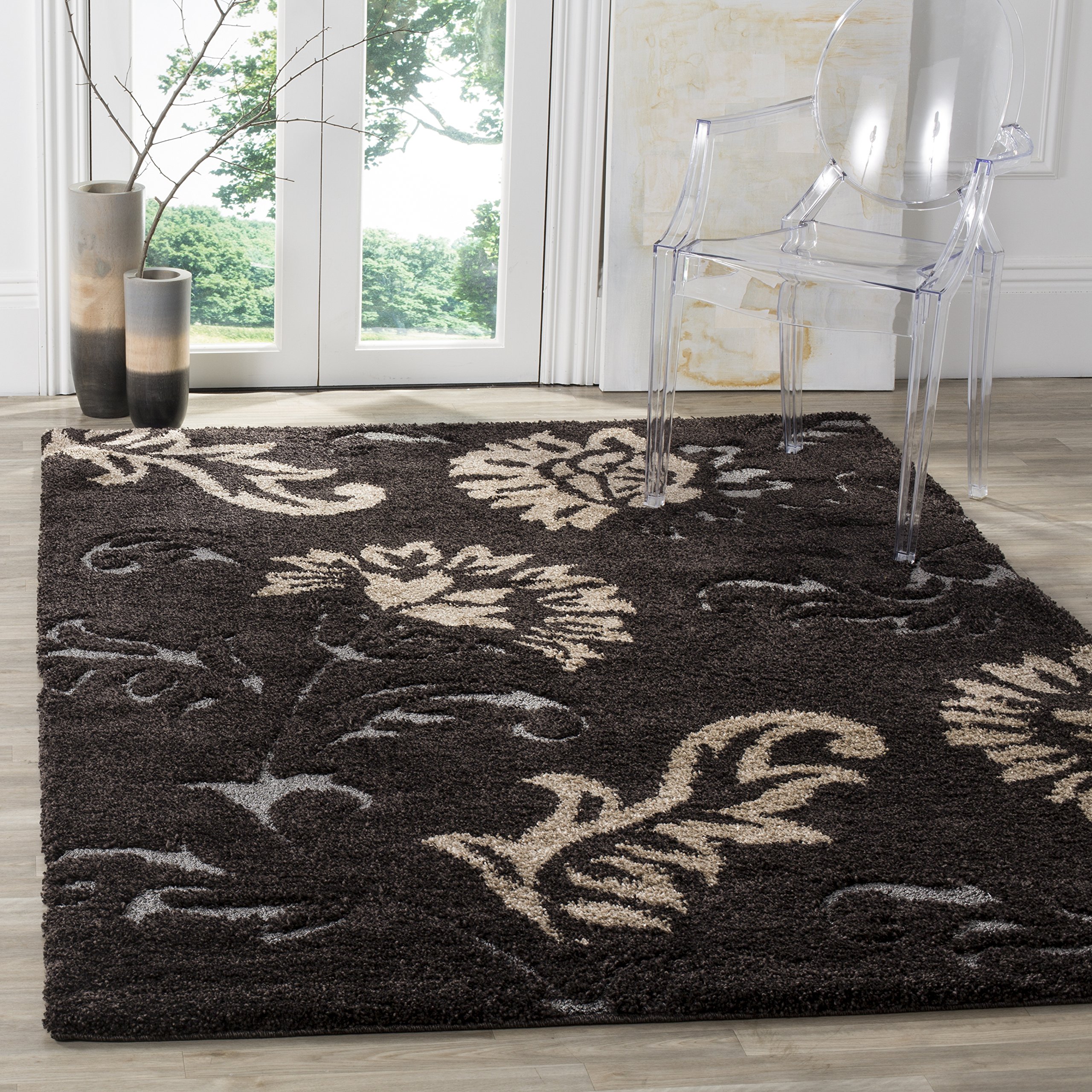 SAFAVIEH Florida Shag Collection Area Rug - 5'3" x 7'6", Dark Brown & Smoke, Floral Design, Non-Shedding & Easy Care, 1.2-inch Thick Ideal for High