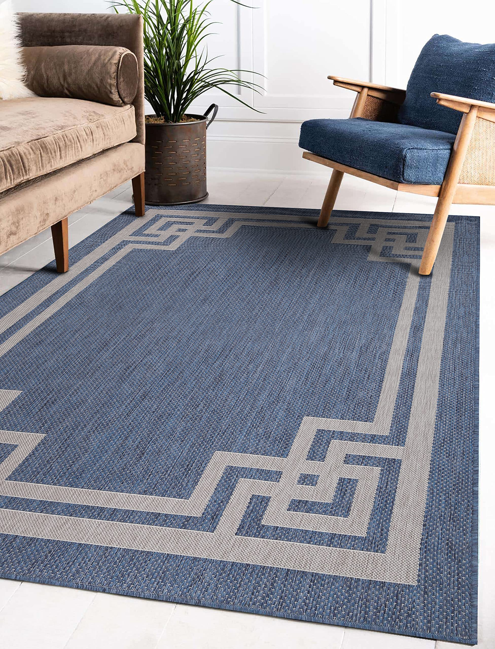 Sherloom Modern Bordered Indoor Outdoor Area Rug Weather Resistant Outdoor Carpet for Porch Deck Balcony Backyard Patio Rug 5x7 Gray, Blue