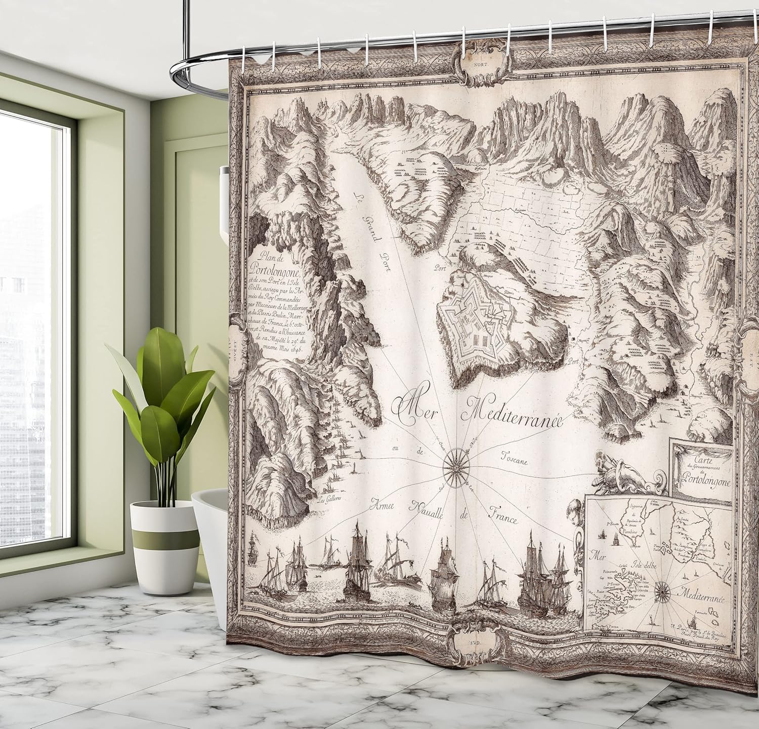 Ambesonne Map Print Shower Curtain, Old Map Warships Countries Kingdoms Locations Geographical Art Retro Design, Cloth Fabric Bathroom Decor Set with Hooks, 69" W x 70" L, Beige and Brown