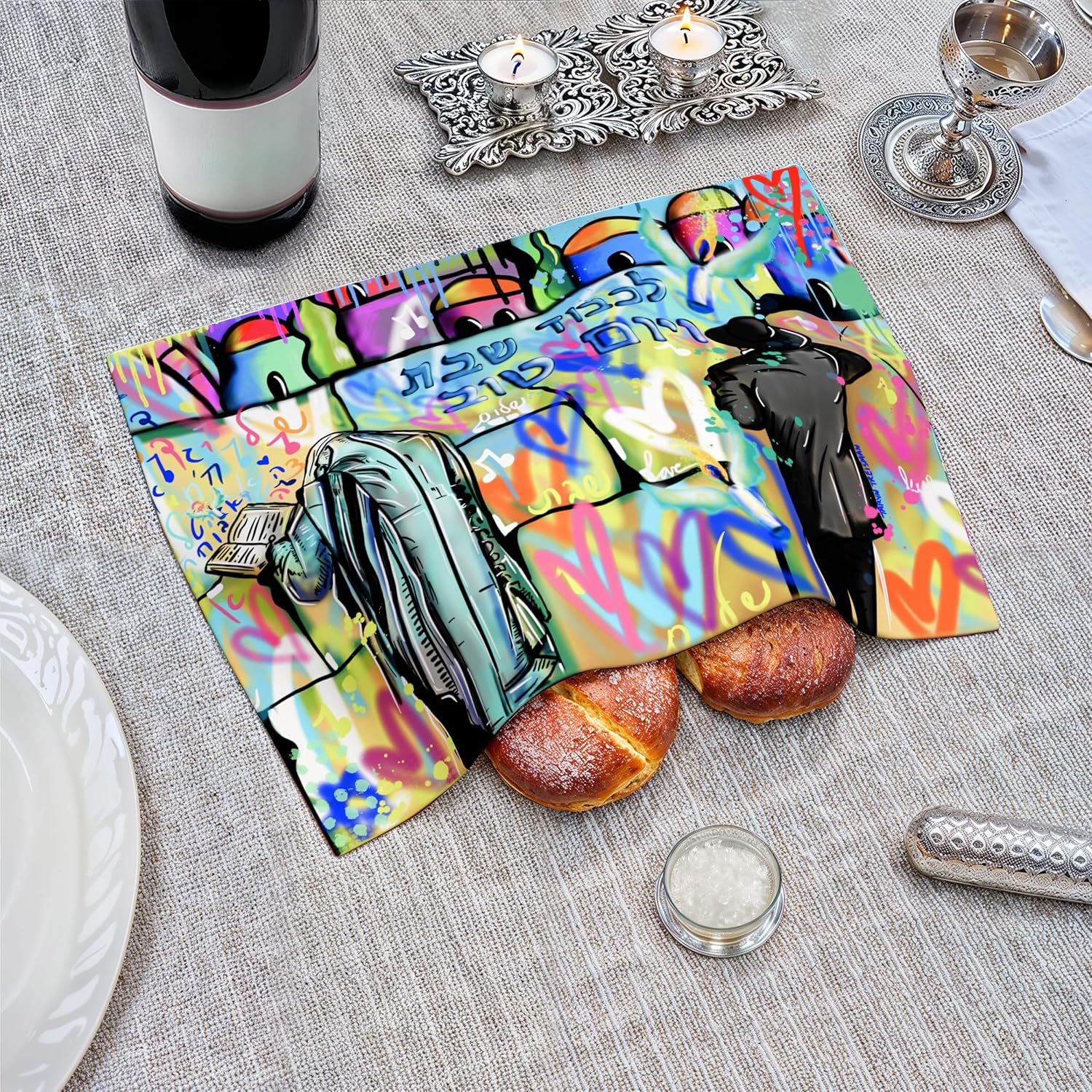 CustomPopArt Challah Cover by Taryn Treisman - Satin Silk Modern Shabbat Table Decoration, Pop-Art Design, Judaica Collection, Luxurious Material, Kotel Design (20" x 16")